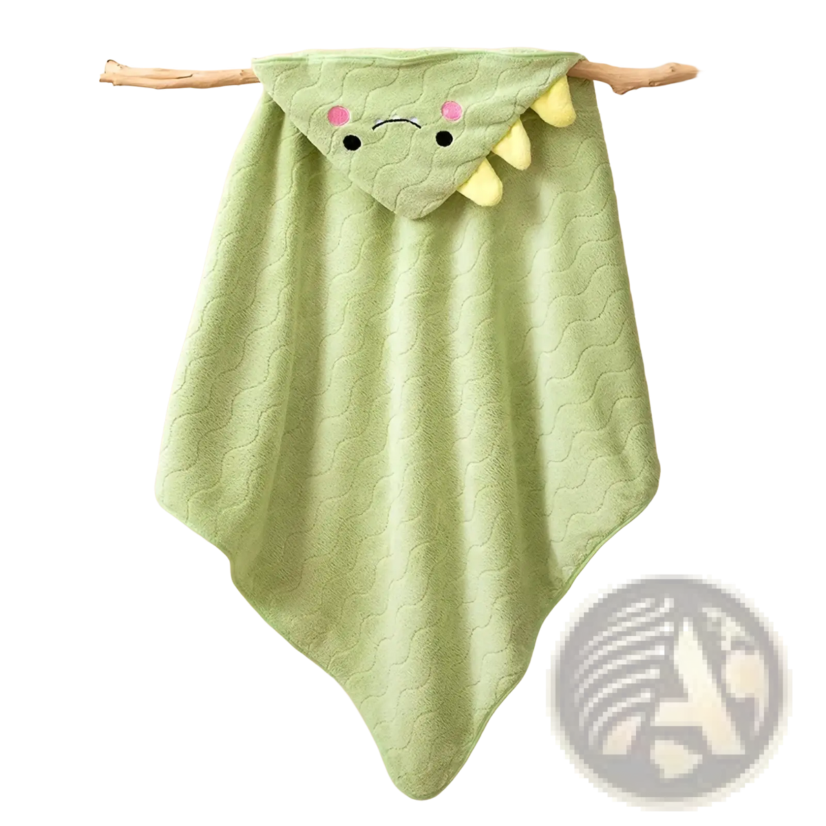 Plush animal hooded baby bathrobe and towel in soft light green fabric with a dinosaur hood featuring pink cheeks and yellow spikes