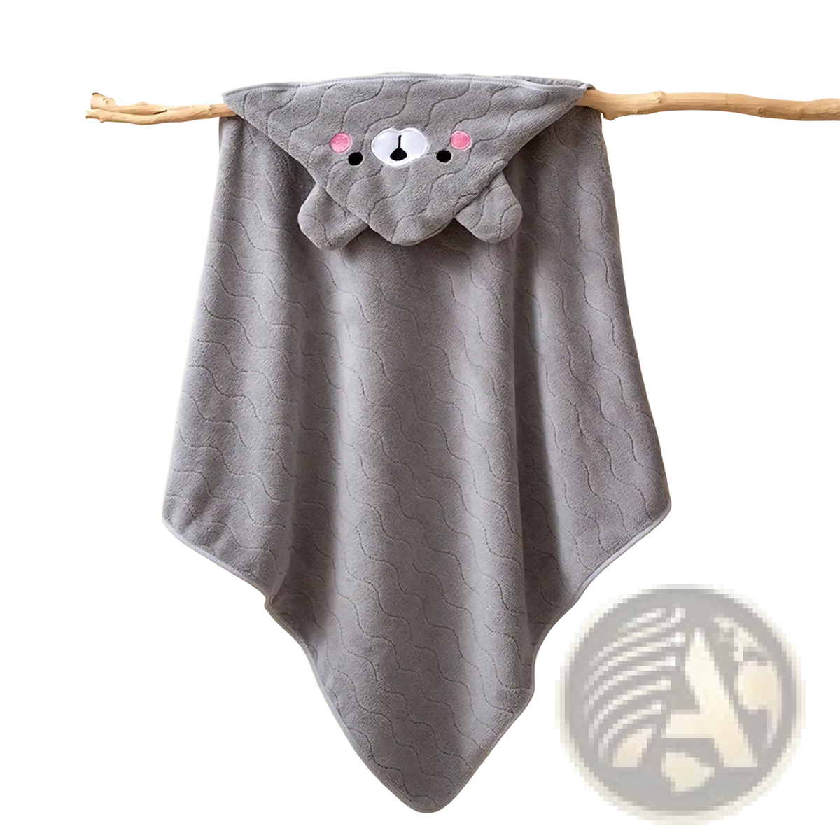 Gray plush animal hooded baby bathrobe and towel with a bear face hood featuring pink cheeks and black eyes