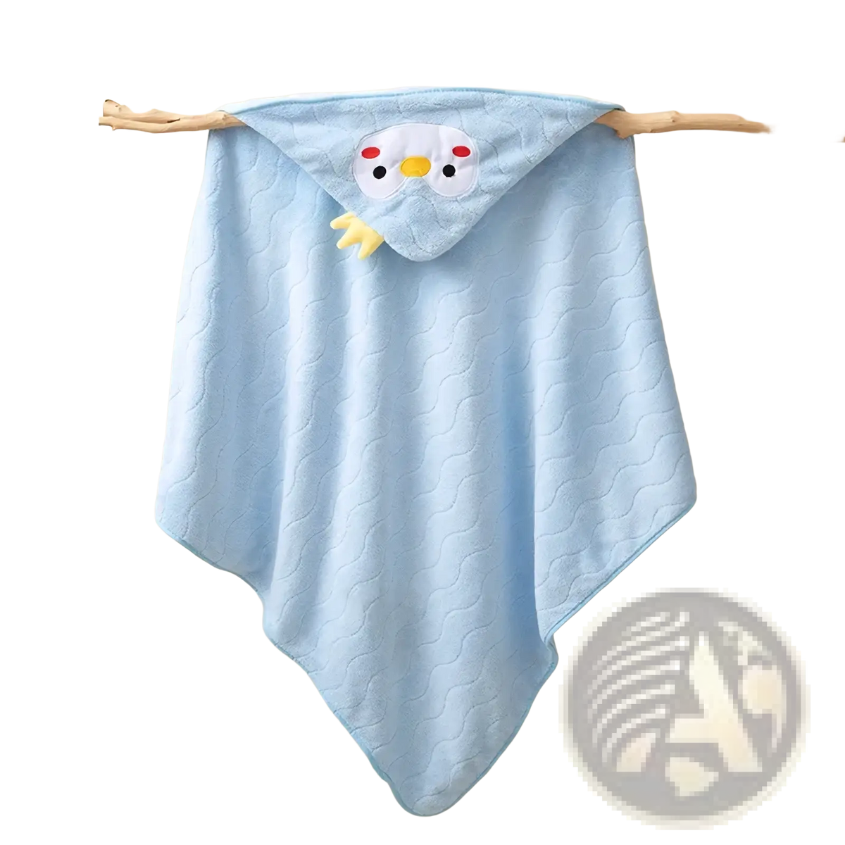 Light blue quilted hooded baby bathrobe and towel with white owl face featuring red eyes and yellow beak
