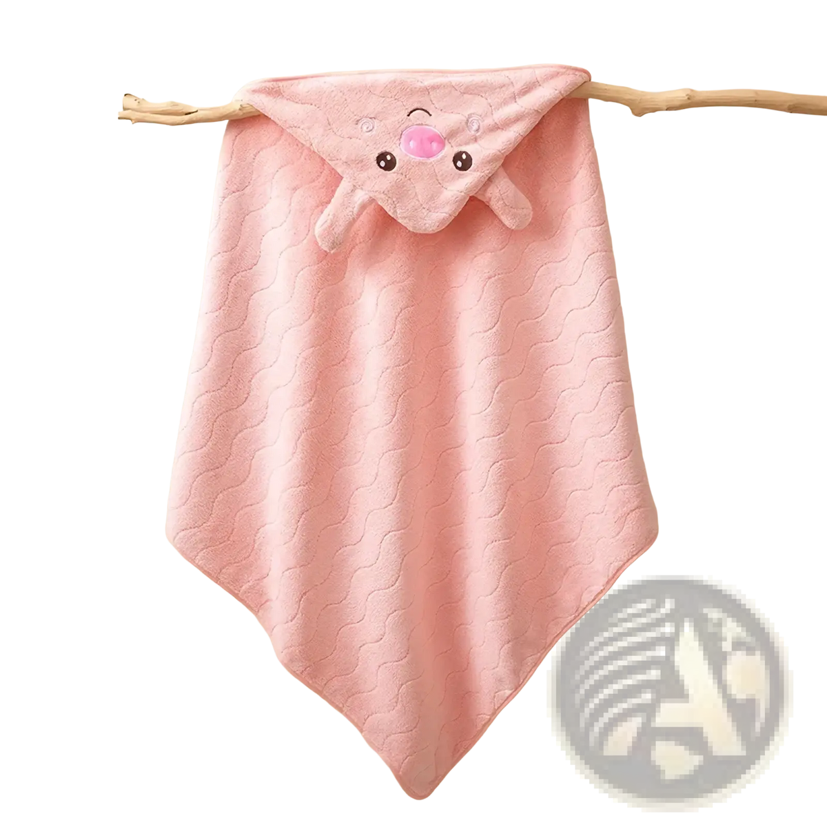 Plush animal hooded baby bathrobe and towel in pink quilted wave pattern with embroidered pig face hood for infants