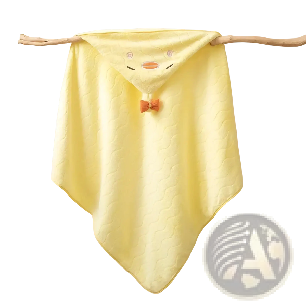 Plush animal hooded baby bathrobe and towel in soft pale yellow quilted fabric with embroidered chick face and bow tie