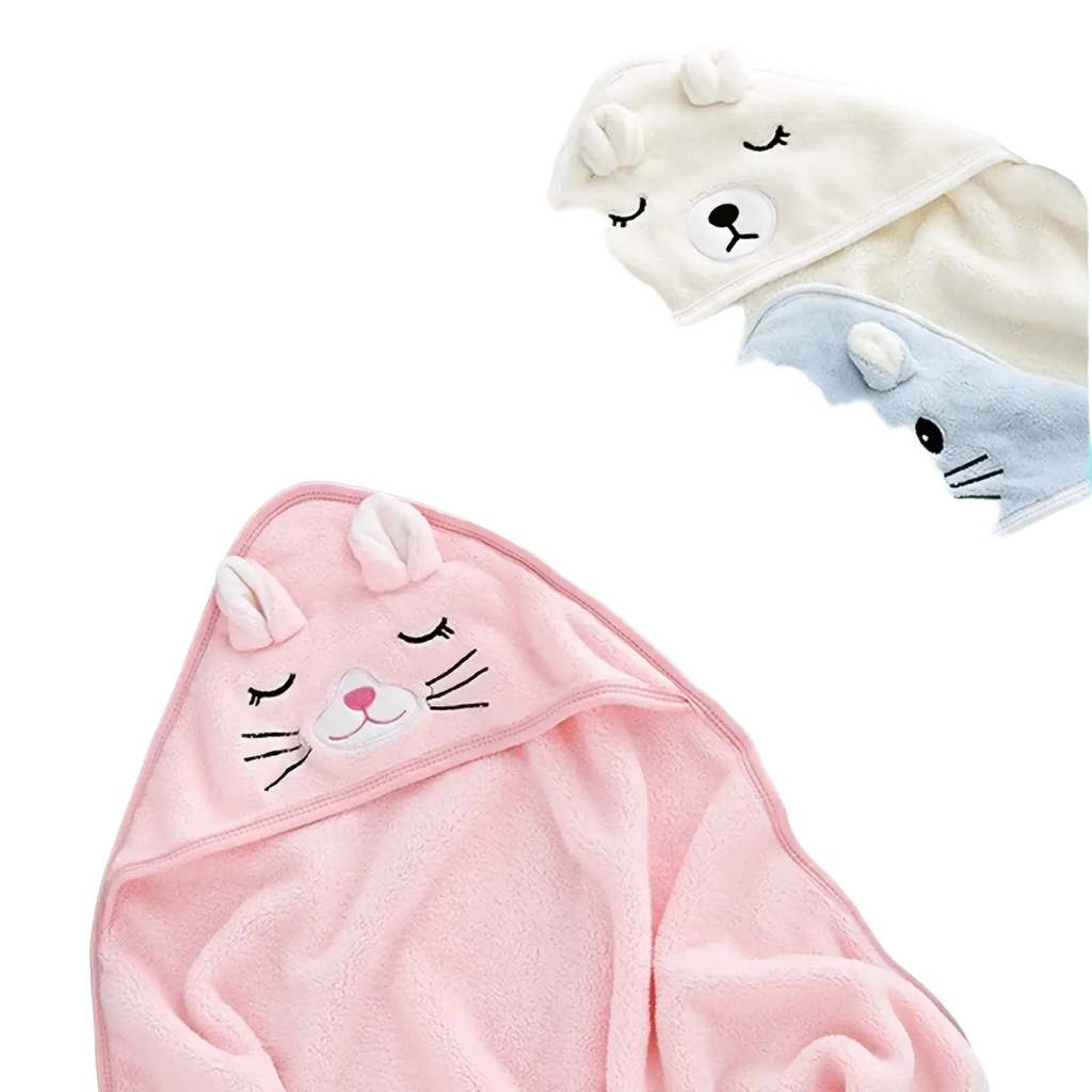 Plush animal hooded baby bathrobe and towel in gray cream light blue and pink with soft fabric and embroidered animal faces