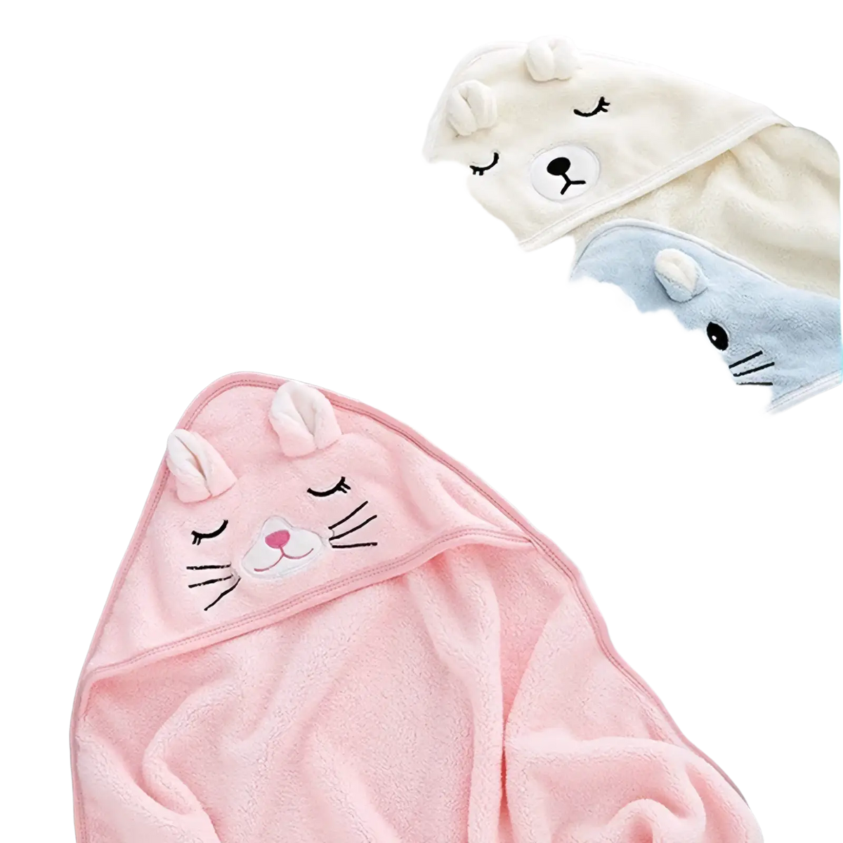 Plush animal hooded baby bathrobe and towel in gray cream light blue and pink with soft fabric and embroidered animal faces