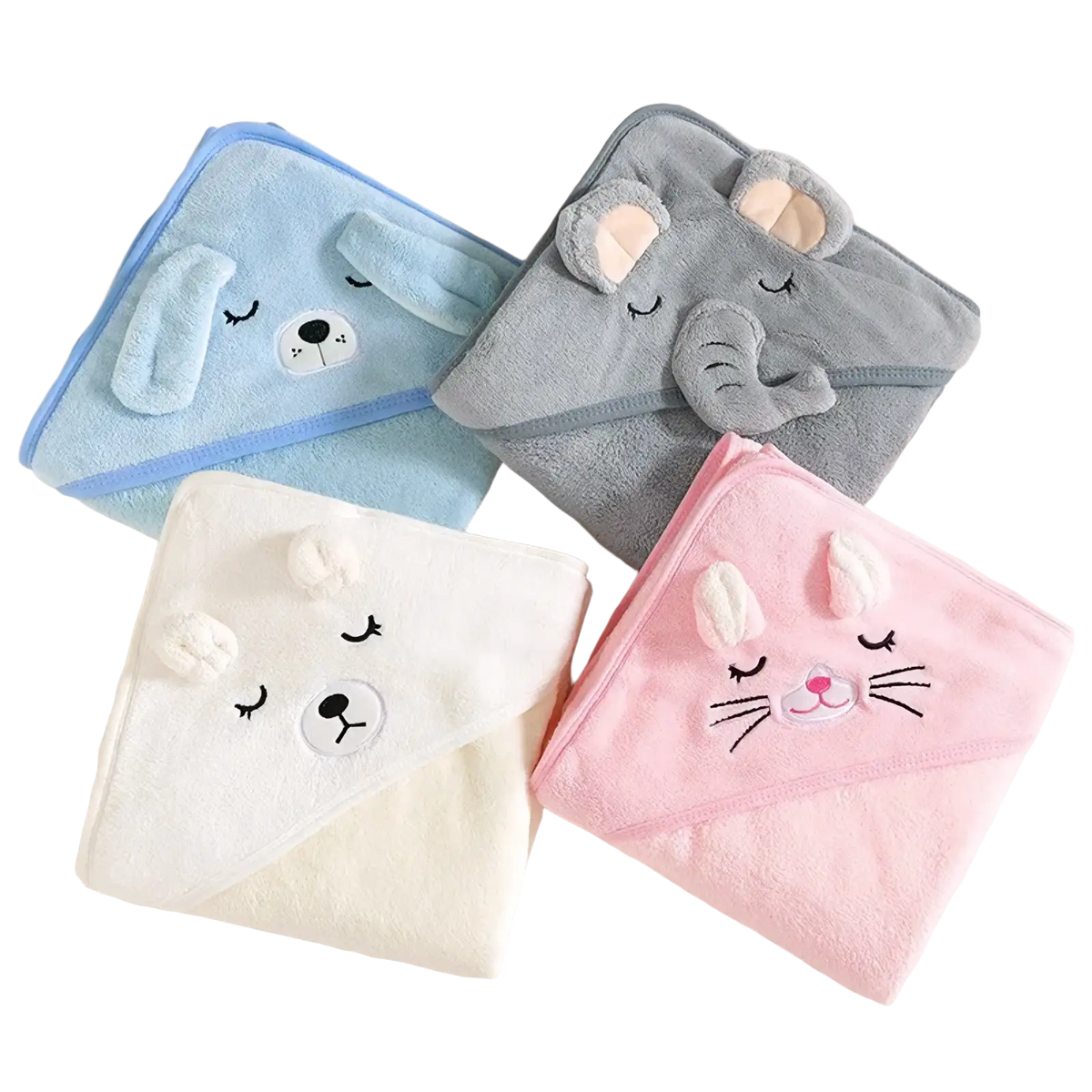 Plush animal hooded baby bathrobe and towel set in light blue gray white and pink with embroidered closed eye faces