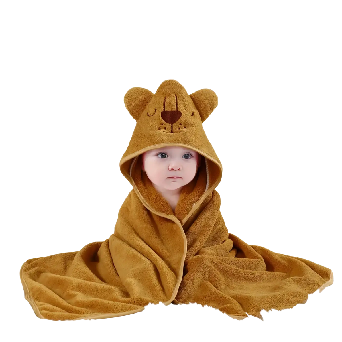 A soft golden brown plush animal hooded baby bathrobe and towel with a cute bear face design on the hood
