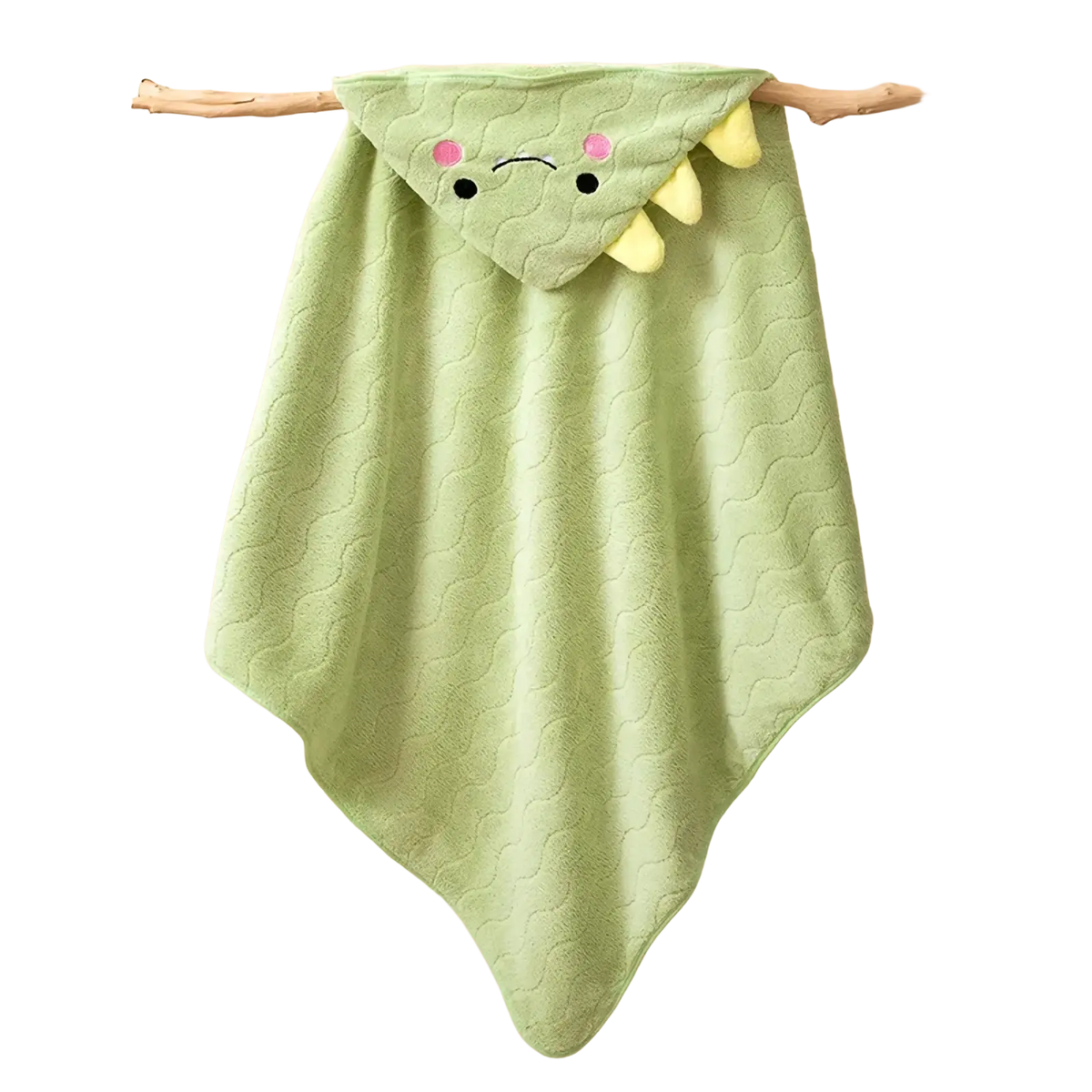 Plush animal hooded baby bathrobe and towel in soft light green fabric with a dinosaur hood featuring pink cheeks and yellow spikes