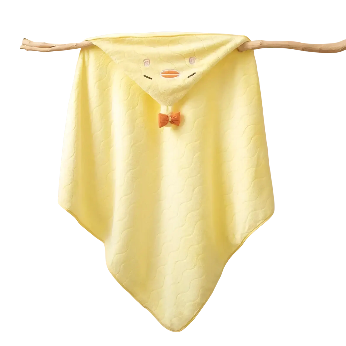 Plush animal hooded baby bathrobe and towel in soft pale yellow quilted fabric with embroidered chick face and bow tie