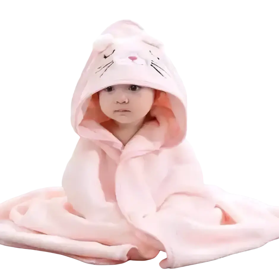 A soft pink plush animal hooded baby bathrobe with a cute cat face design on the hood for cozy comfort