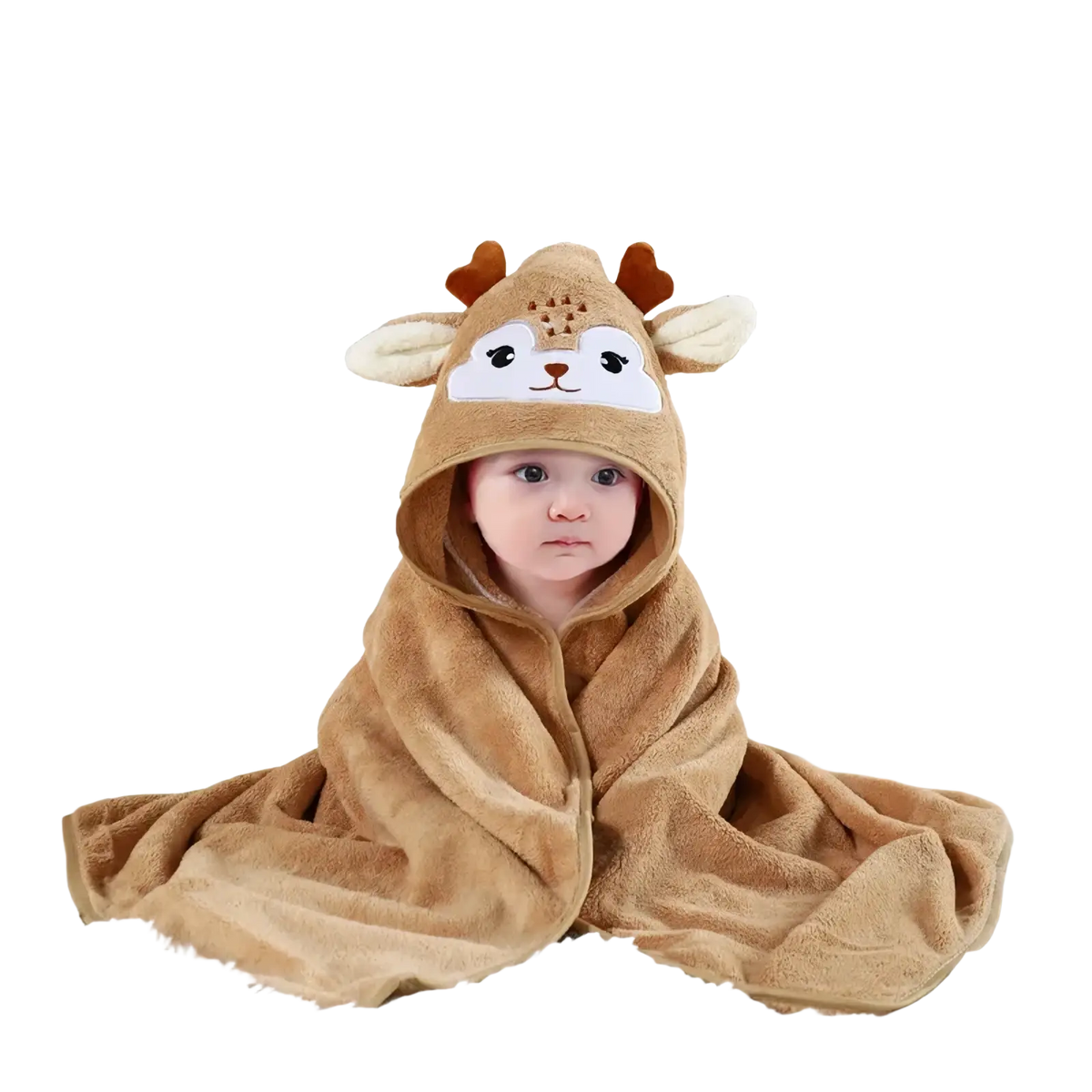 A soft tan plush animal hooded baby bathrobe and towel with a cute deer face and antlers on the hood