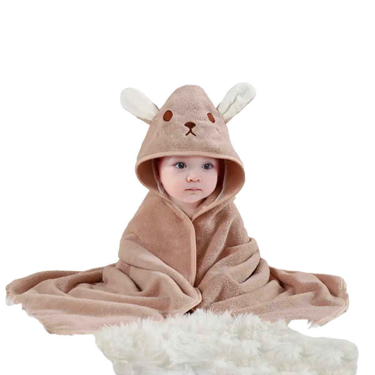 A soft tan plush animal hooded baby bathrobe and towel with rabbit ears and embroidered facial features