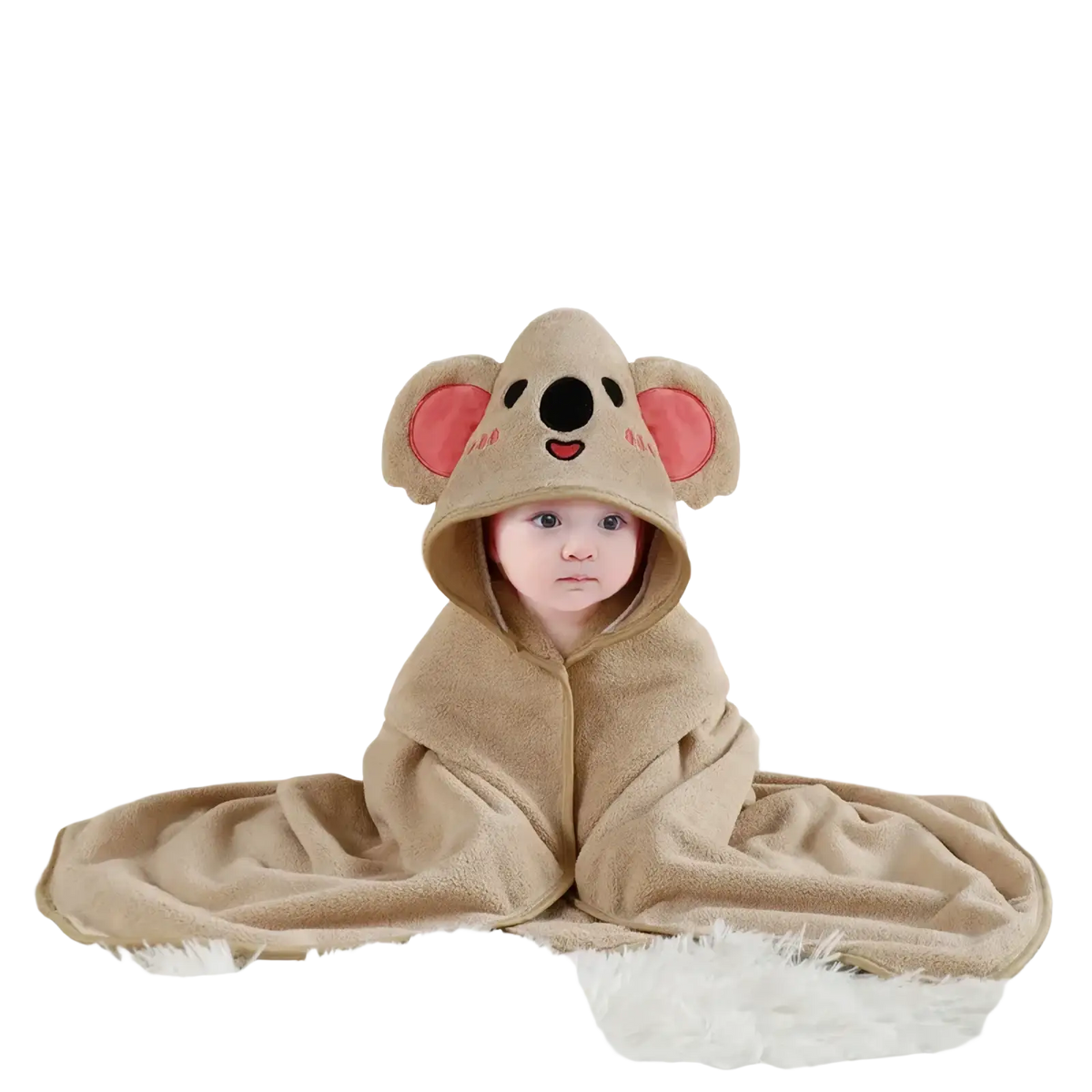 Soft tan koala-themed plush animal hooded baby bathrobe and towel with pink inner ears and embroidered face features