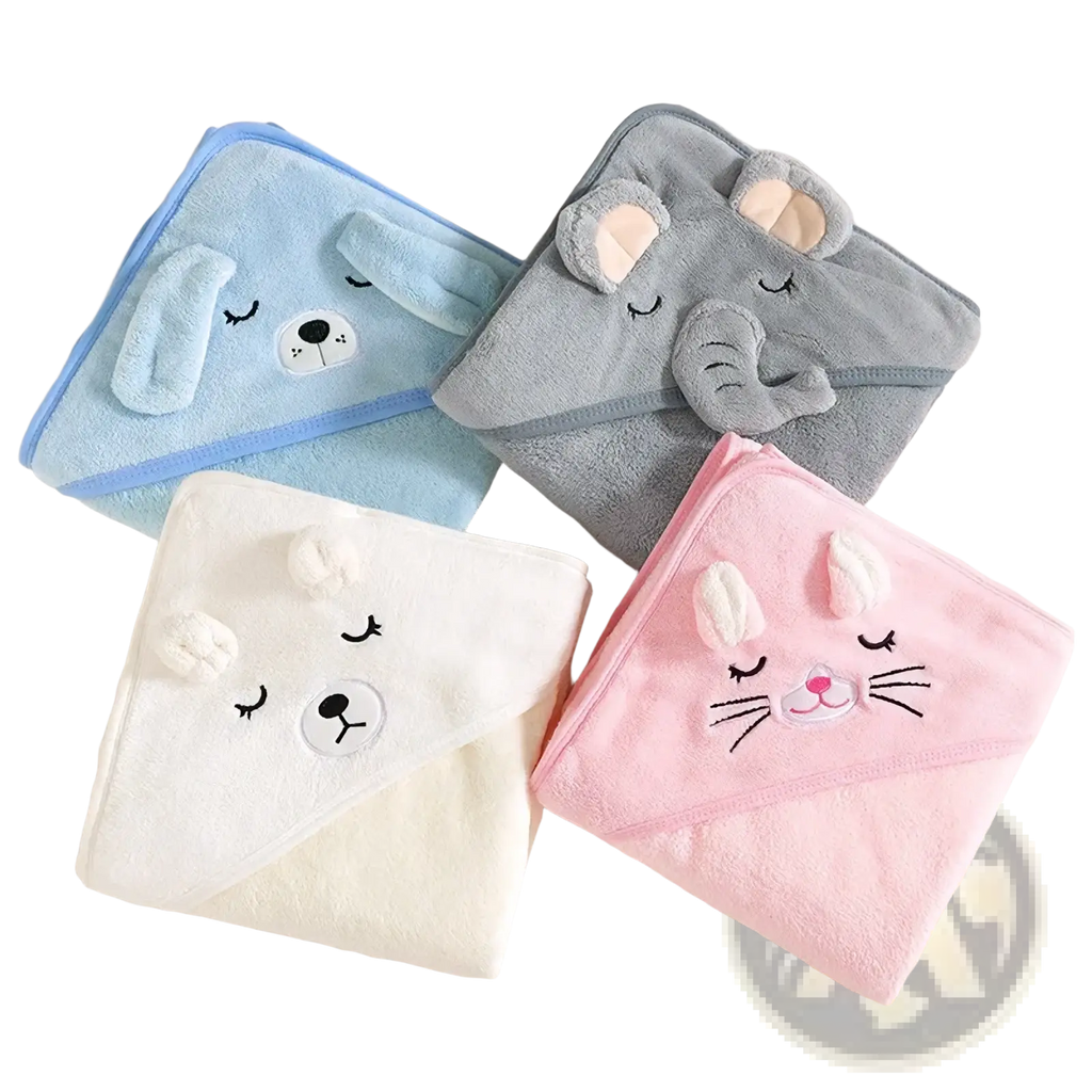 Plush animal hooded baby bathrobe and towel set in light blue gray white and pink with embroidered closed eye faces