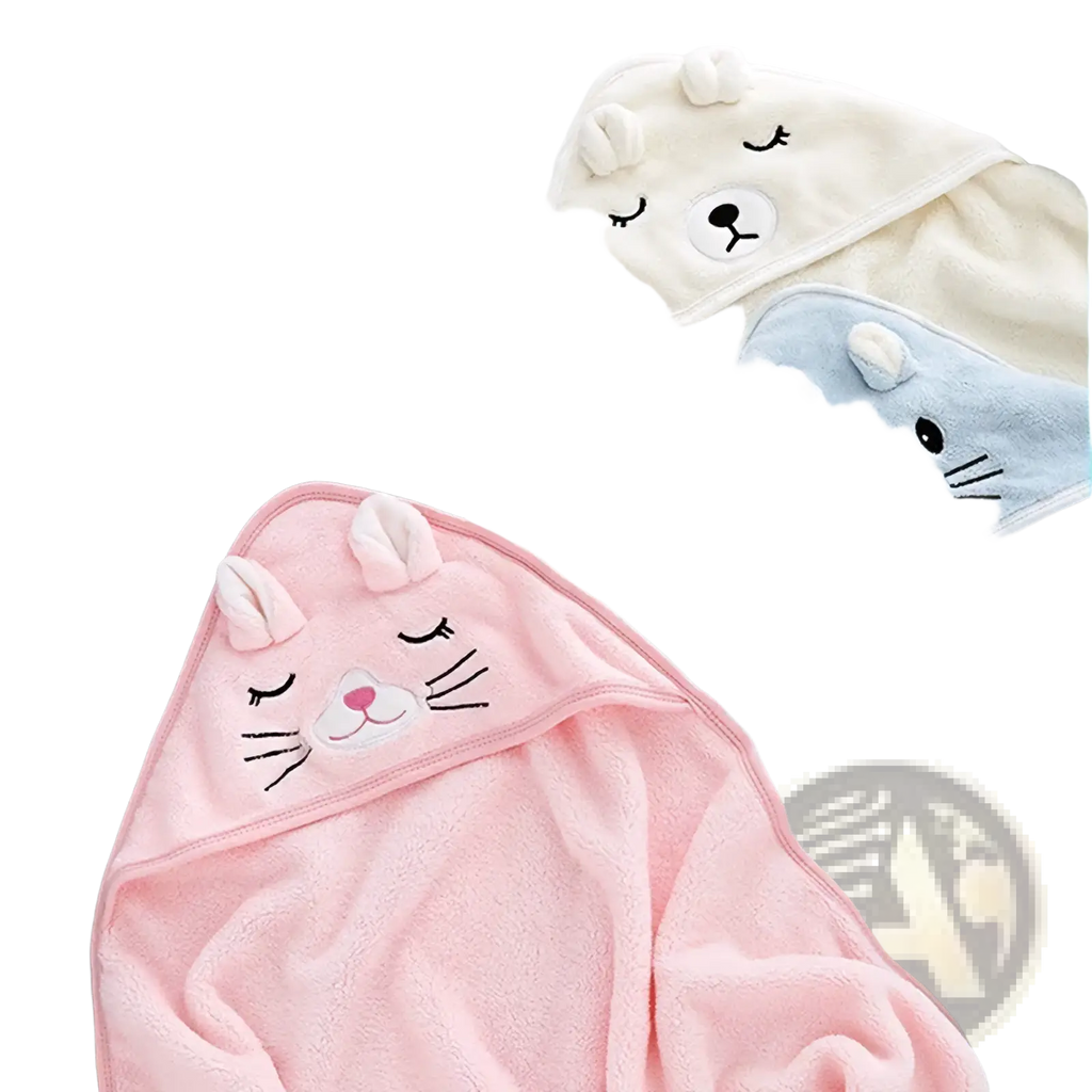 Plush animal hooded baby bathrobe and towel in gray cream light blue and pink with soft fabric and embroidered animal faces