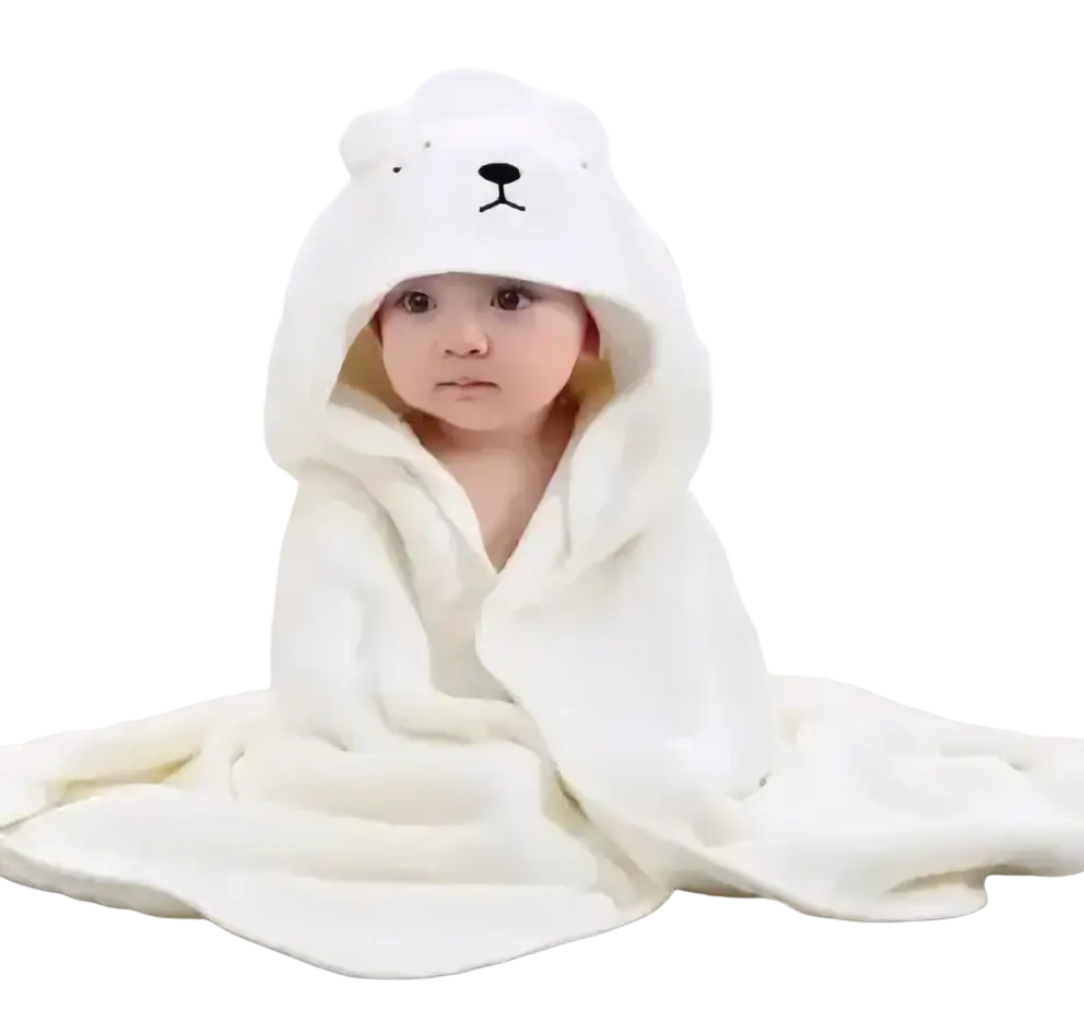 A soft off-white plush animal hooded baby bathrobe and towel with a bear face design on the hood