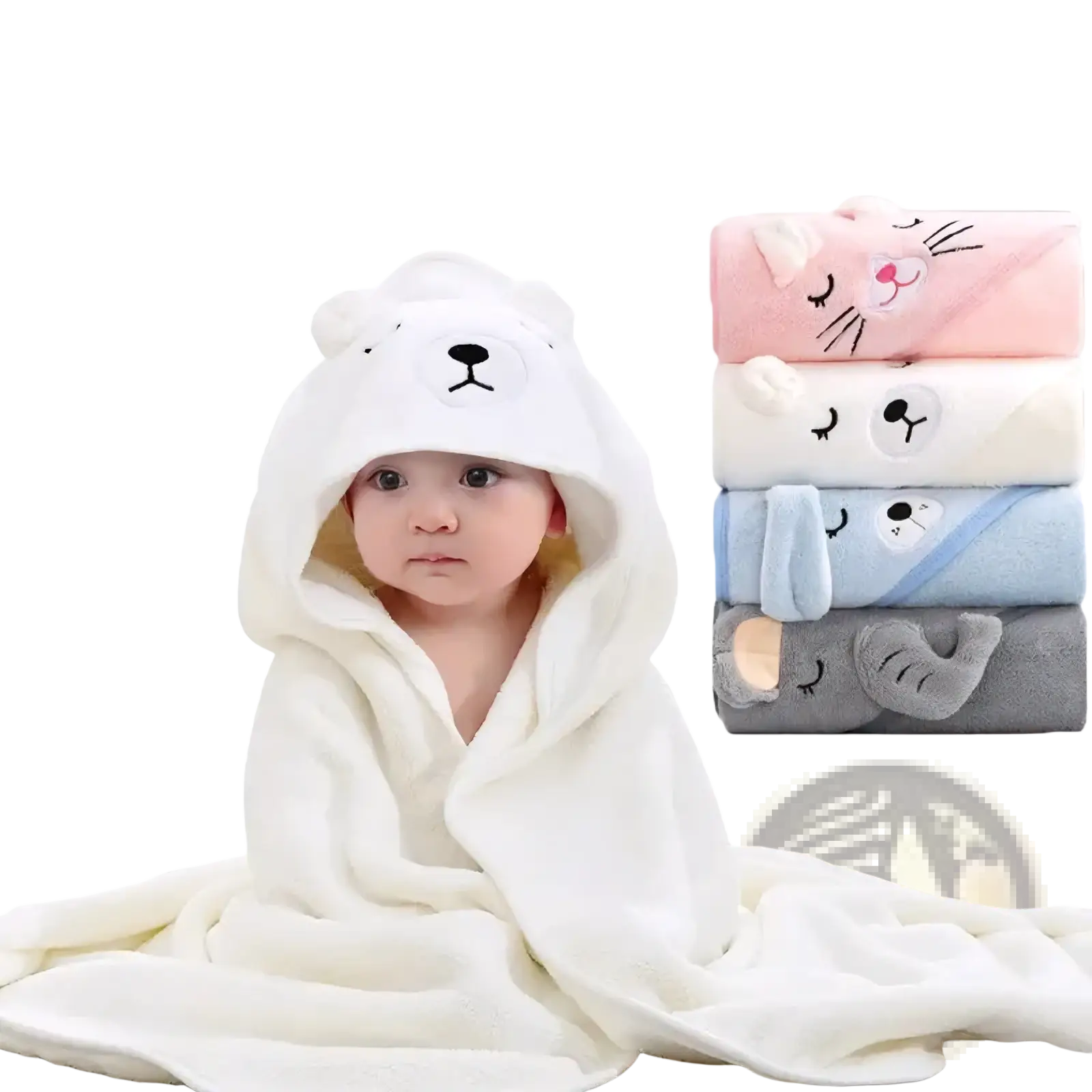 Soft white plush hooded towel with embroidered bear face and ears for baby bathrobe use made of plush material