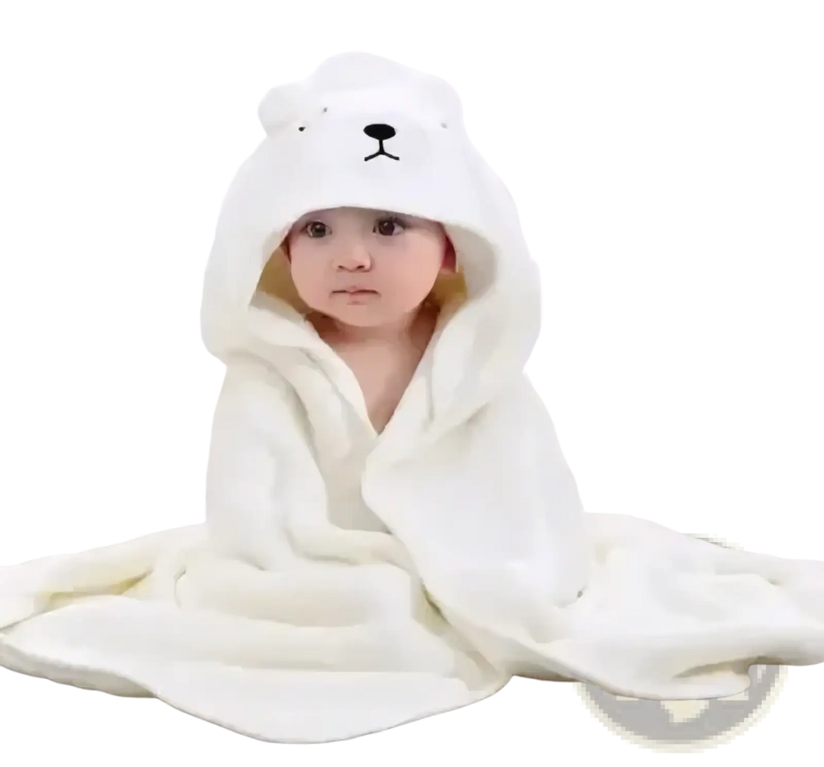 A soft off-white plush animal hooded baby bathrobe and towel with a bear face design on the hood