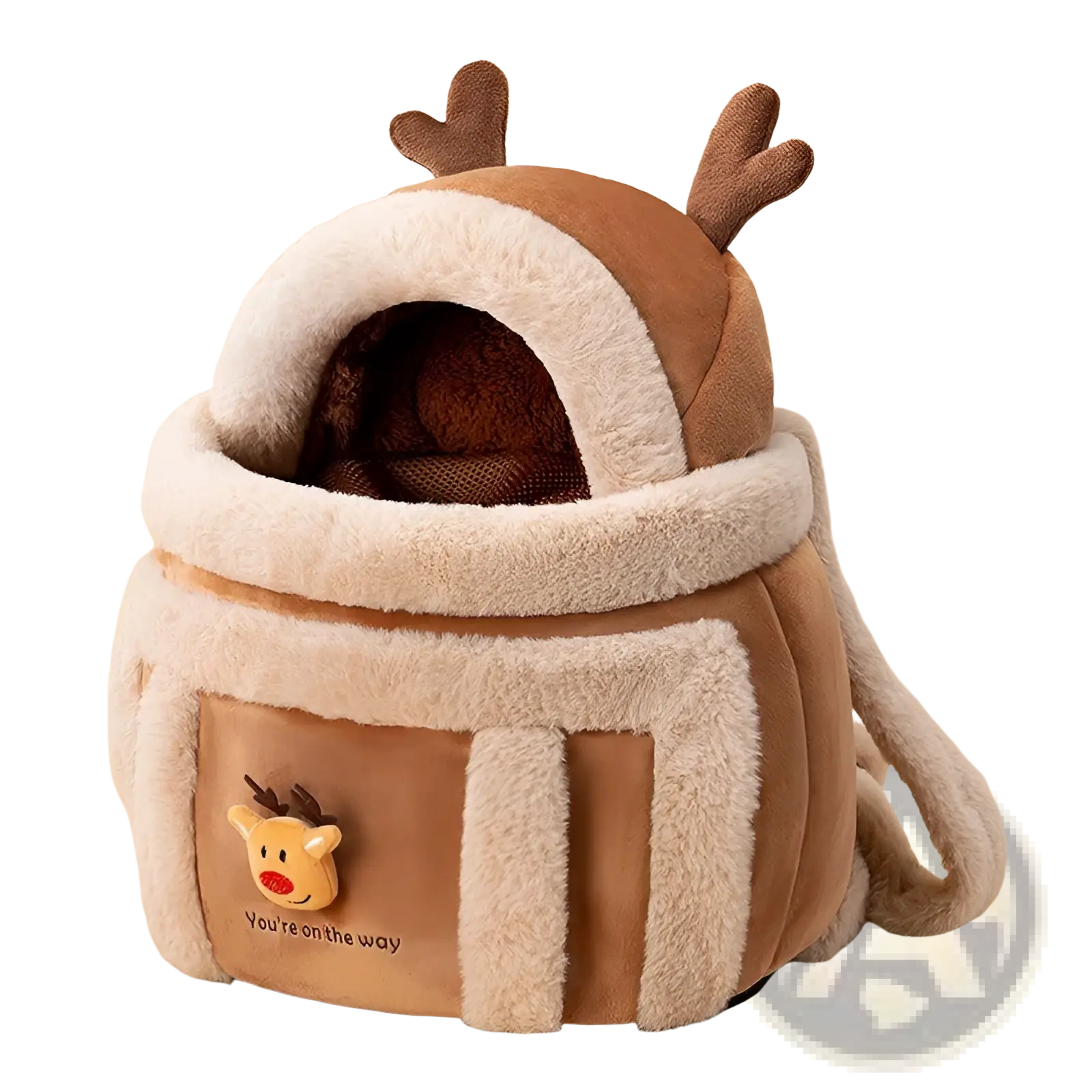 Plush animal pet carrier bag backpack in brown and cream with soft fur trim antler details and embroidered face patch