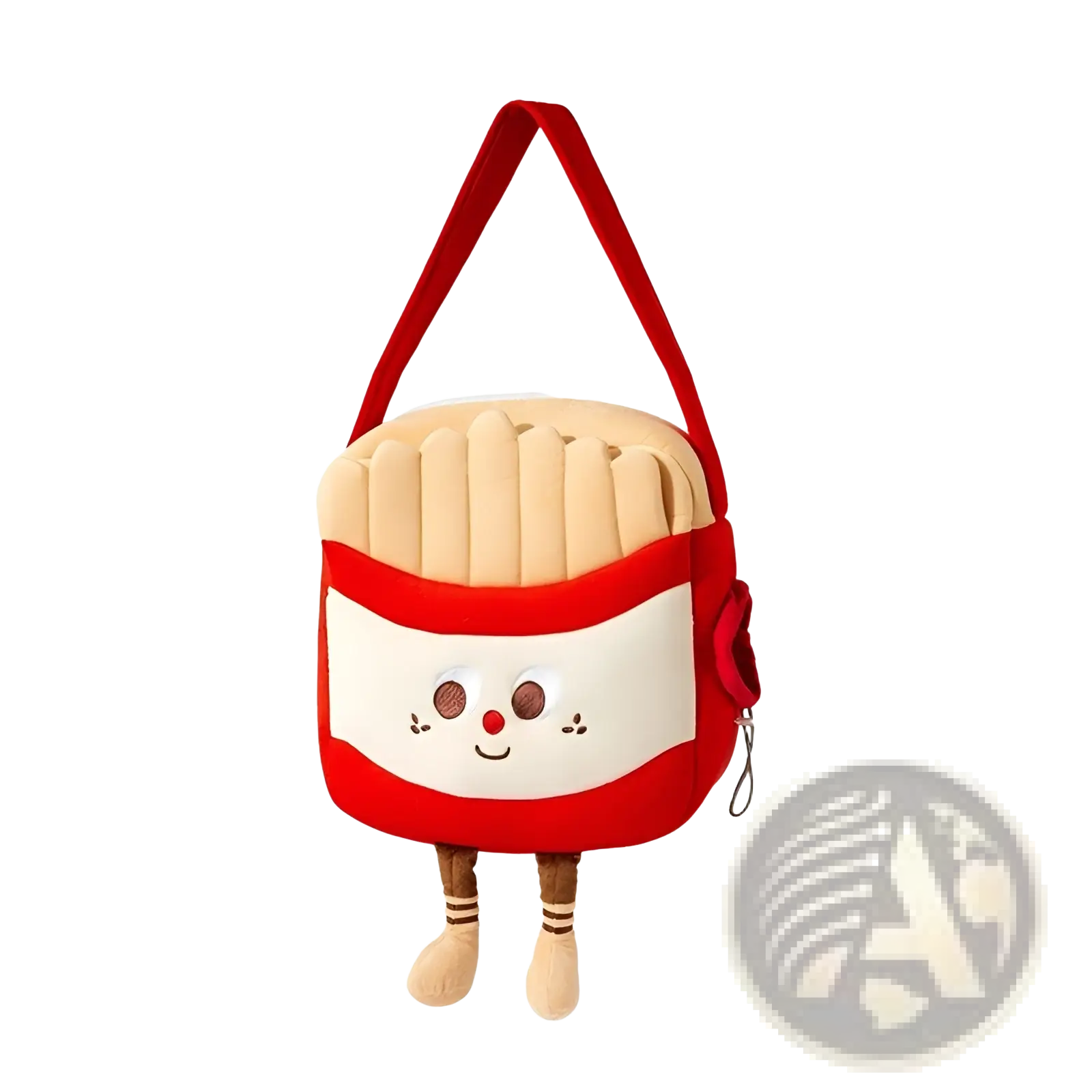 Plush animal pet carrier bag backpack shaped like a red and white french fries container with cute facial features and legs