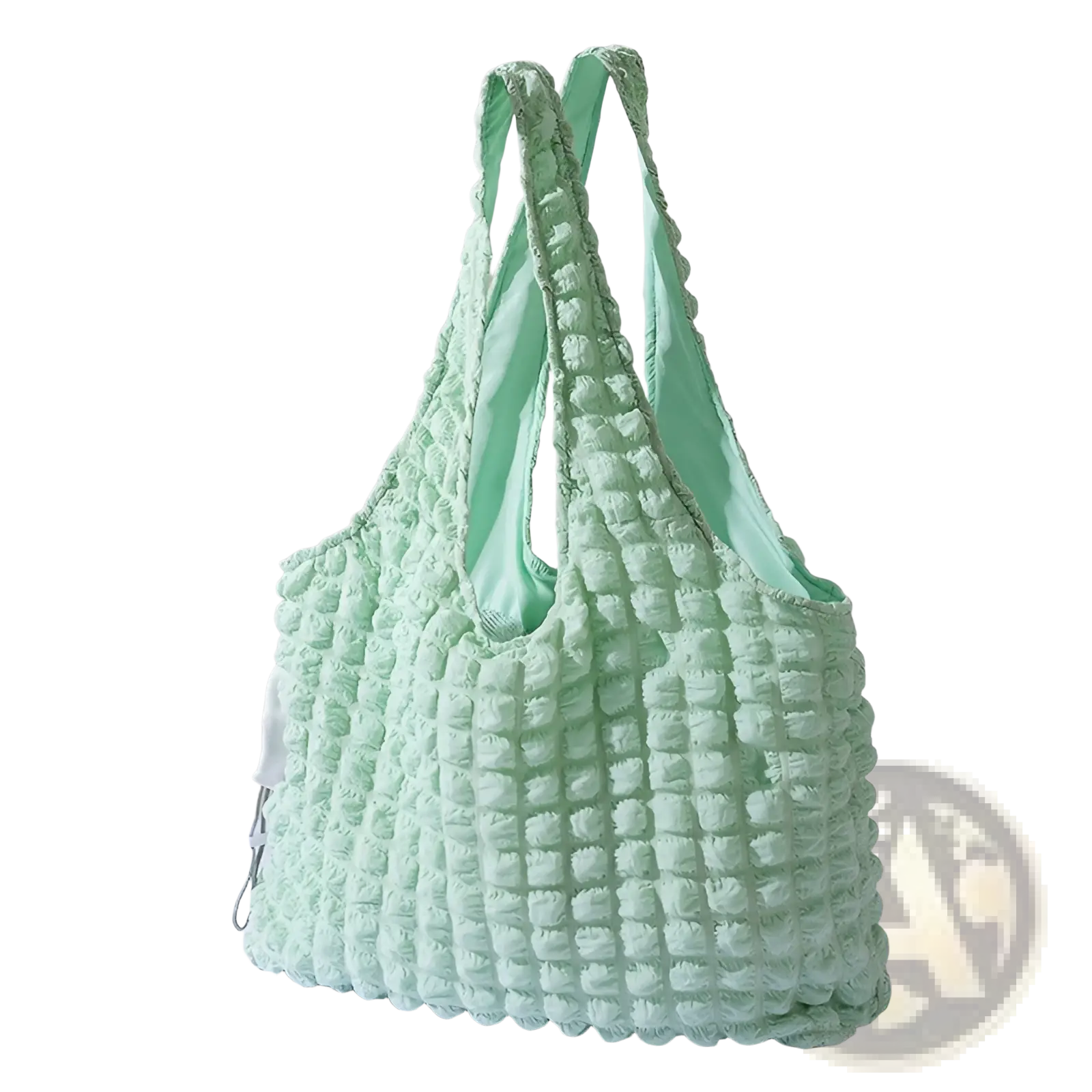 A mint green quilted fabric plush animal pet carrier bag backpack with a textured bubble pattern and matching lining