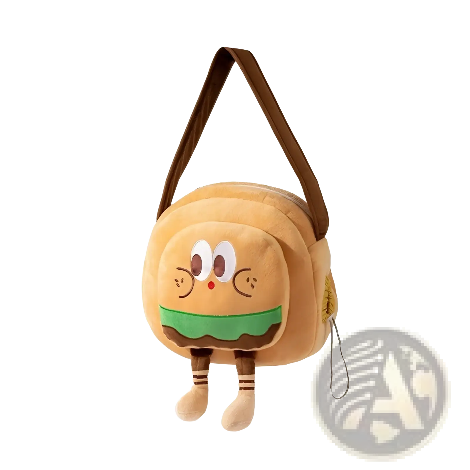 Plush animal pet carrier bag backpack shaped like a hamburger with brown straps and green lettuce detail