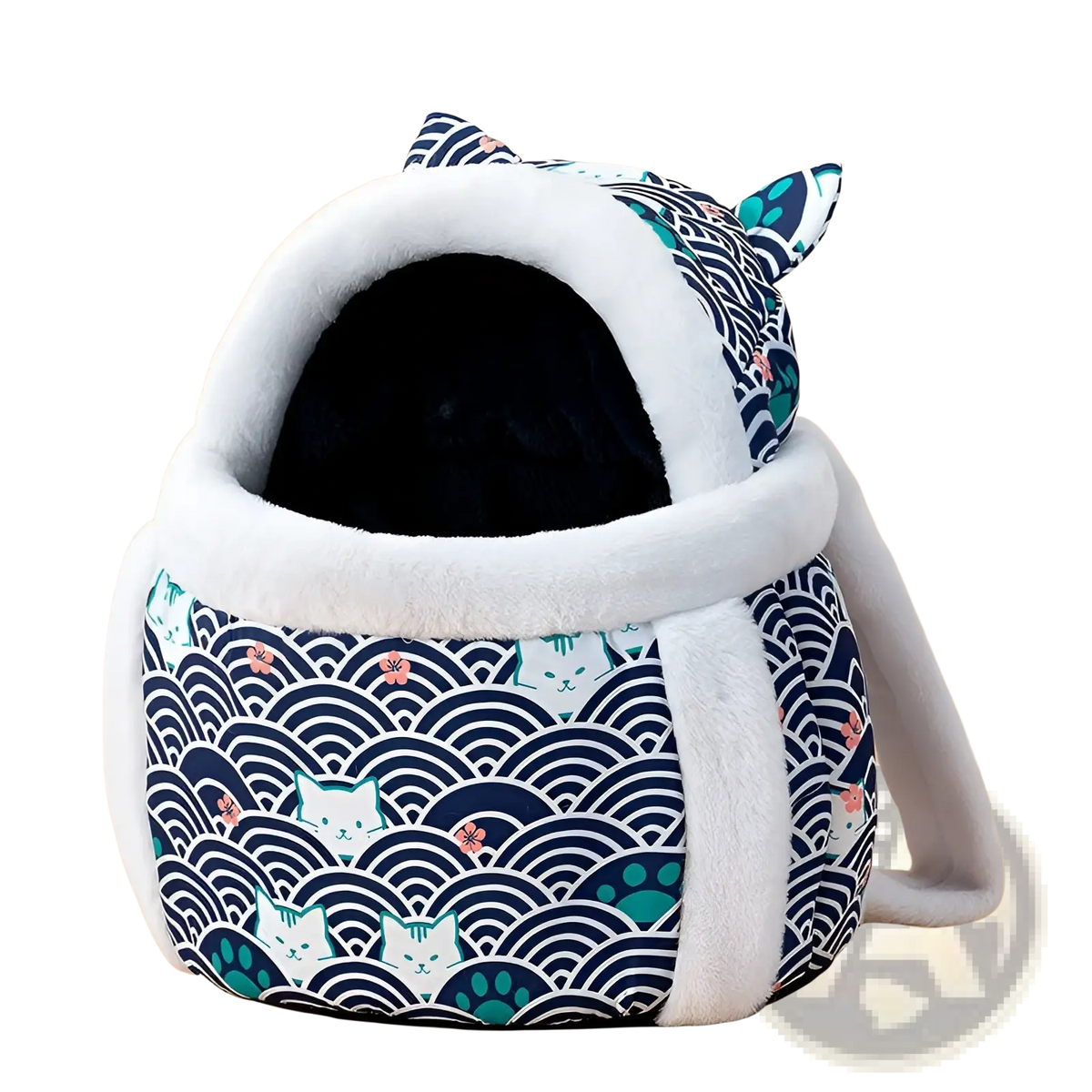 Plush animal pet carrier bag backpack in navy blue and white with soft plush ears wave patterns and pink floral accents