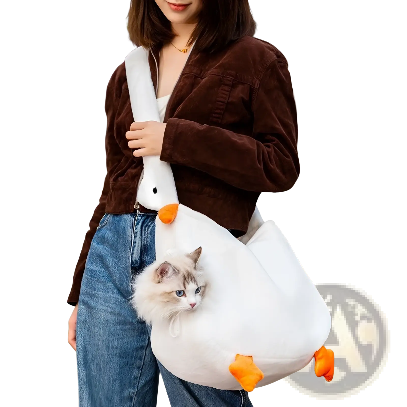 White plush goose-shaped pet carrier bag backpack with orange beak and feet for small pets transport