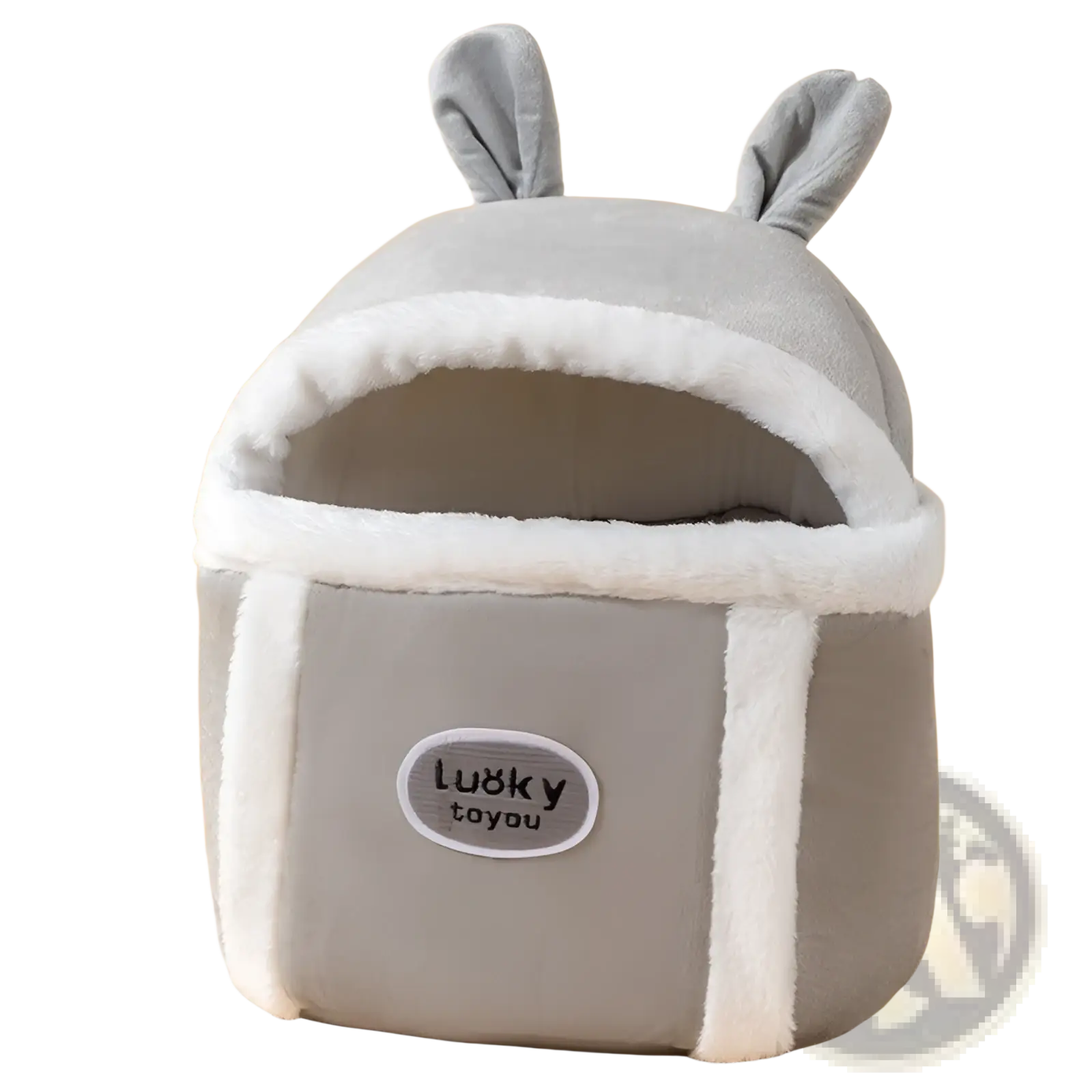 Gray plush bunny-shaped pet carrier bag backpack with soft white fur trim and embroidered lucky toyou label