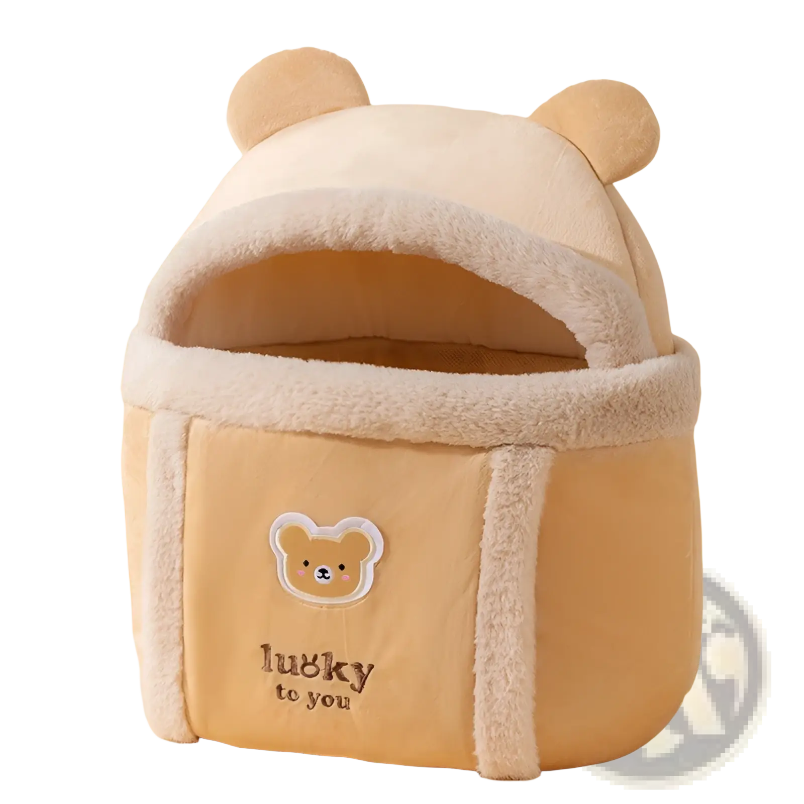 Cute beige plush animal pet carrier bag backpack with soft fleece lining and embroidered lucky to you text