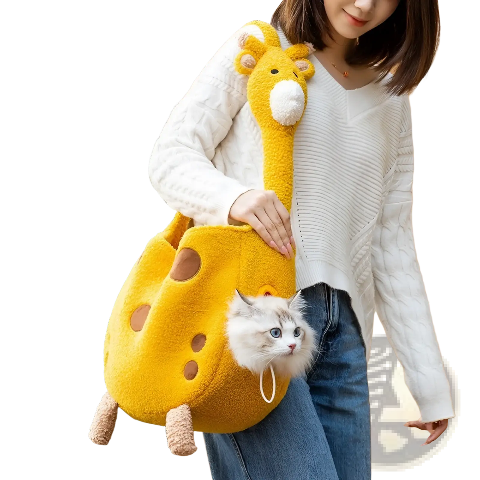 Yellow plush giraffe-shaped pet carrier bag backpack with brown spots and soft fuzzy texture for small pets