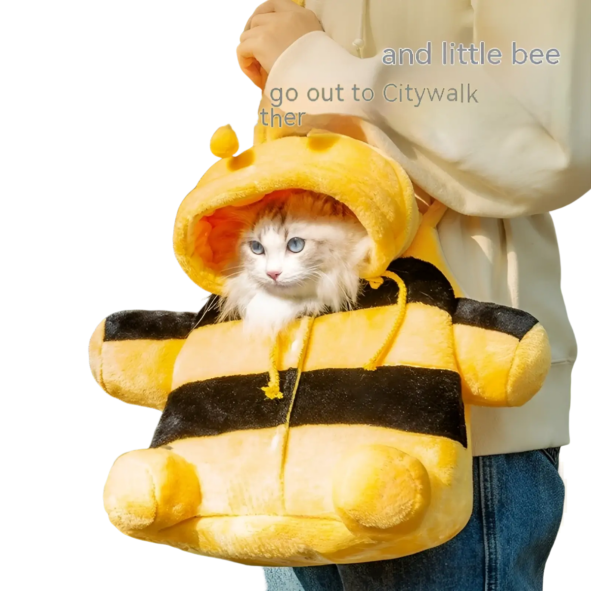 Yellow and black plush bee-shaped pet carrier bag backpack with hooded design for small pets