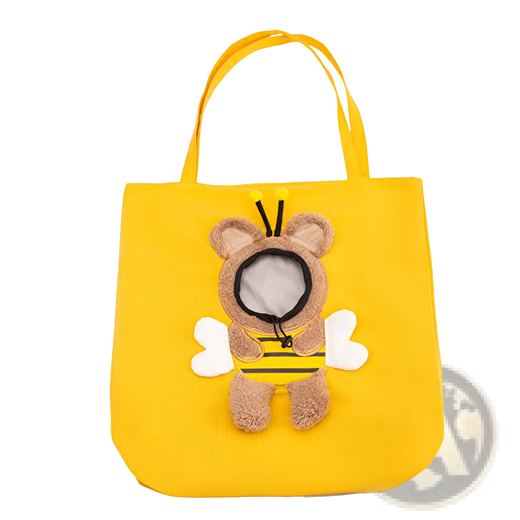 Bright yellow canvas plush animal pet carrier bag backpack with fuzzy brown bee featuring white wings and black antennae