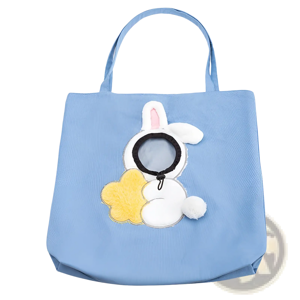 Light blue canvas plush animal pet carrier bag backpack with white bunny appliqué holding yellow flower and black accessory
