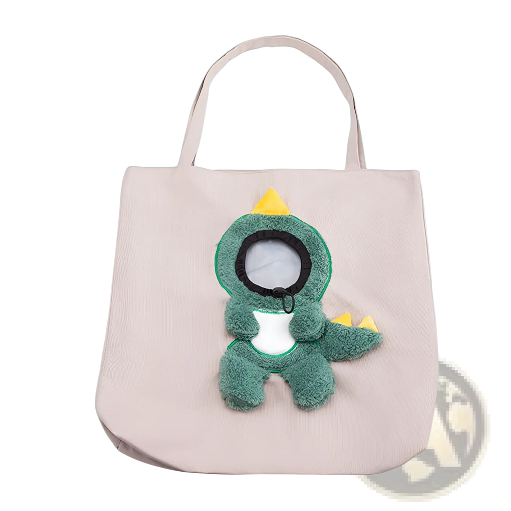 A light beige canvas plush animal pet carrier bag backpack with a soft green dinosaur appliqué and yellow spikes