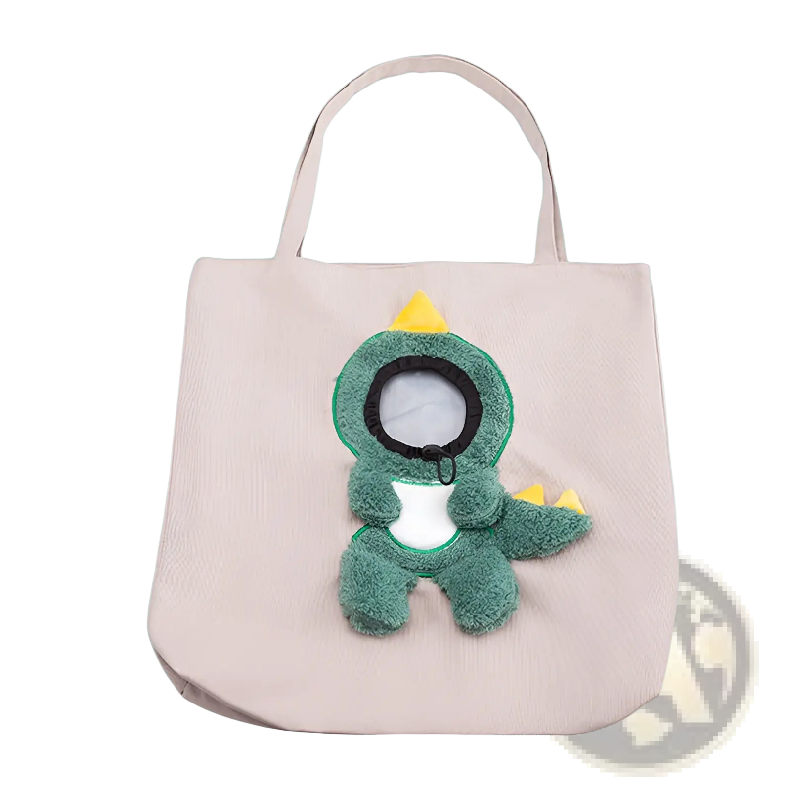 A light beige canvas plush animal pet carrier bag backpack with a soft green dinosaur appliqué and yellow spikes