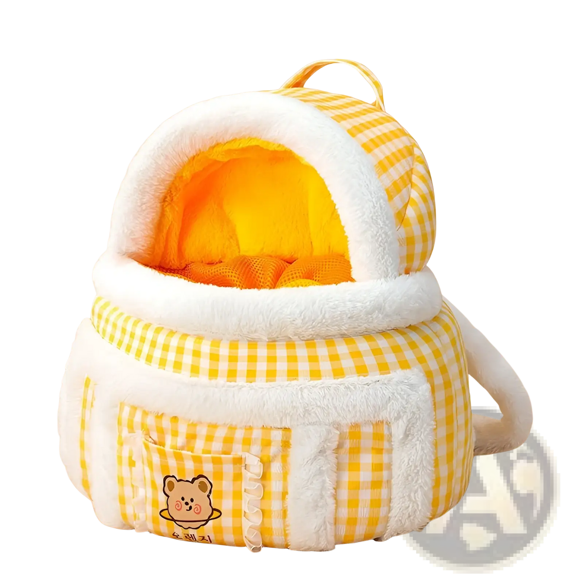 Plush animal pet carrier bag backpack featuring a yellow and white checkered exterior with a cozy plush interior