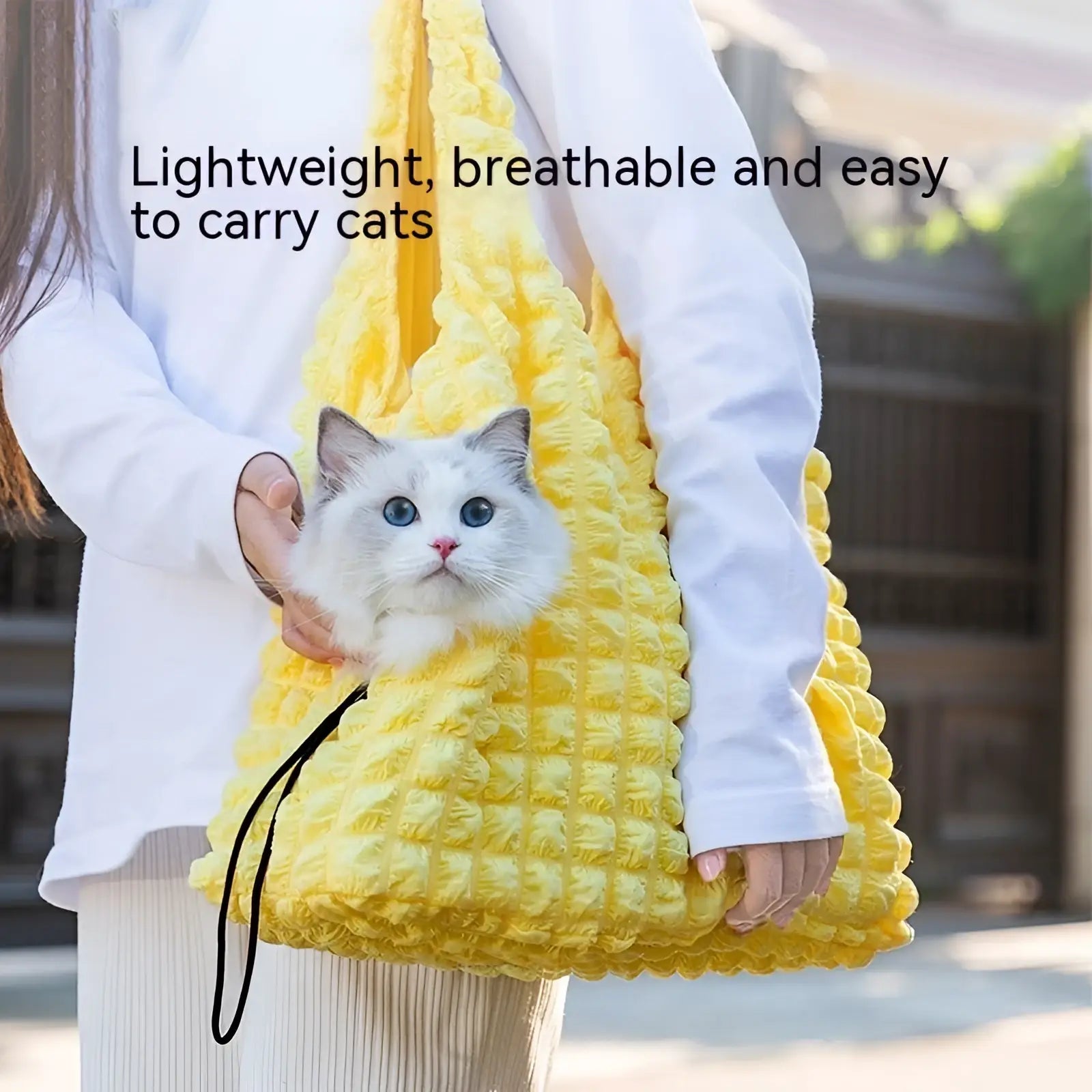 Bright yellow quilted fabric plush animal pet carrier bag backpack with black strap for comfortable pet transport