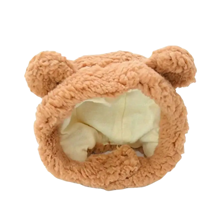 Plush animal pet hat featuring a cute tan fuzzy bear-shaped headband with soft plush texture and rounded ears
