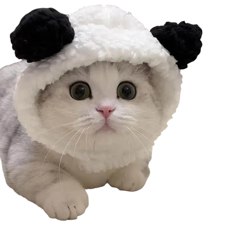 Plush animal pet hat featuring a fluffy white and black panda-themed knit design with soft, plush texture for costume wear