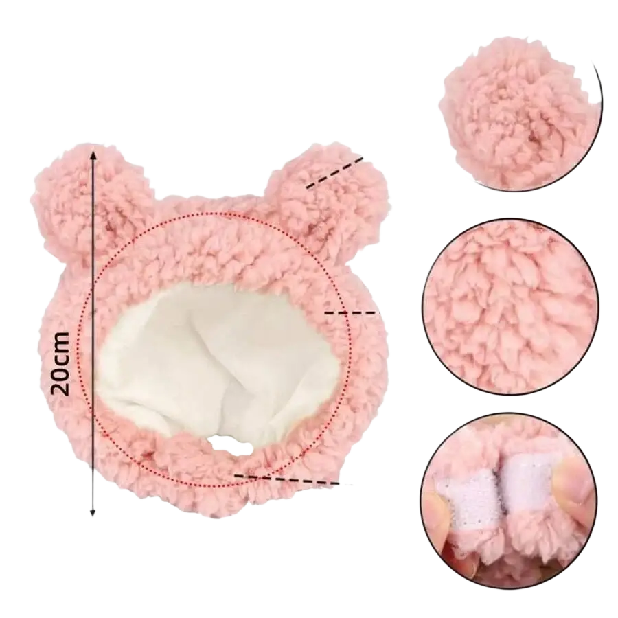 Pink fuzzy bear-shaped plush animal pet hat with adjustable size made of soft, plush material for costume headwear