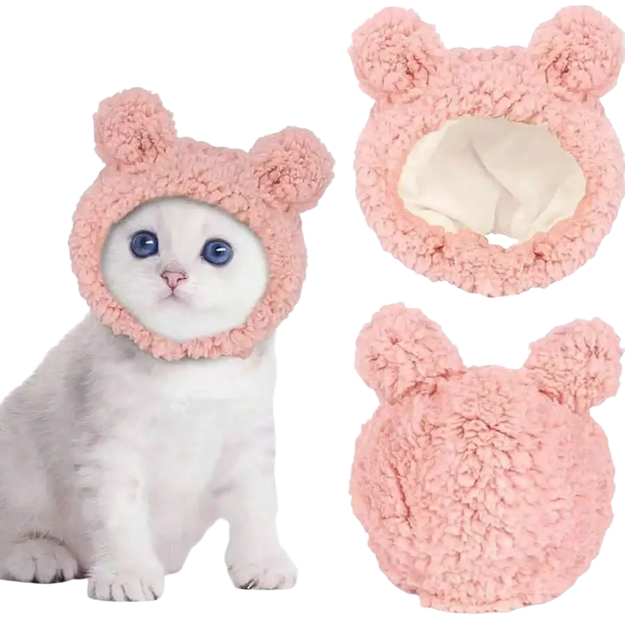 Soft pink plush fuzzy bear-ear hat for cats adjustable costume headwear made of comfortable material