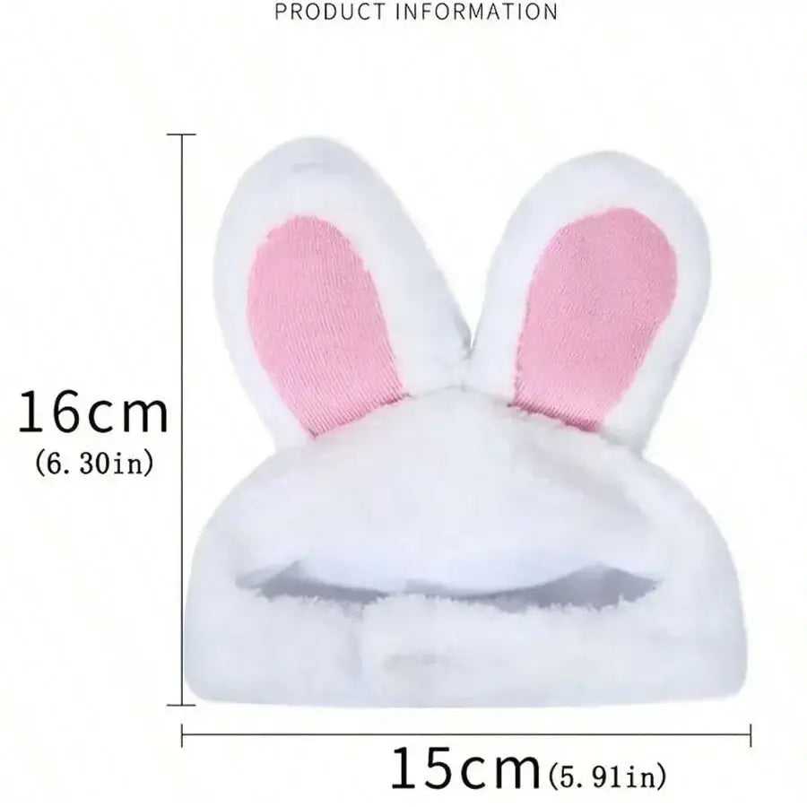 White plush animal pet hat with pink inner ear linings adjustable costume headwear for winter and parties