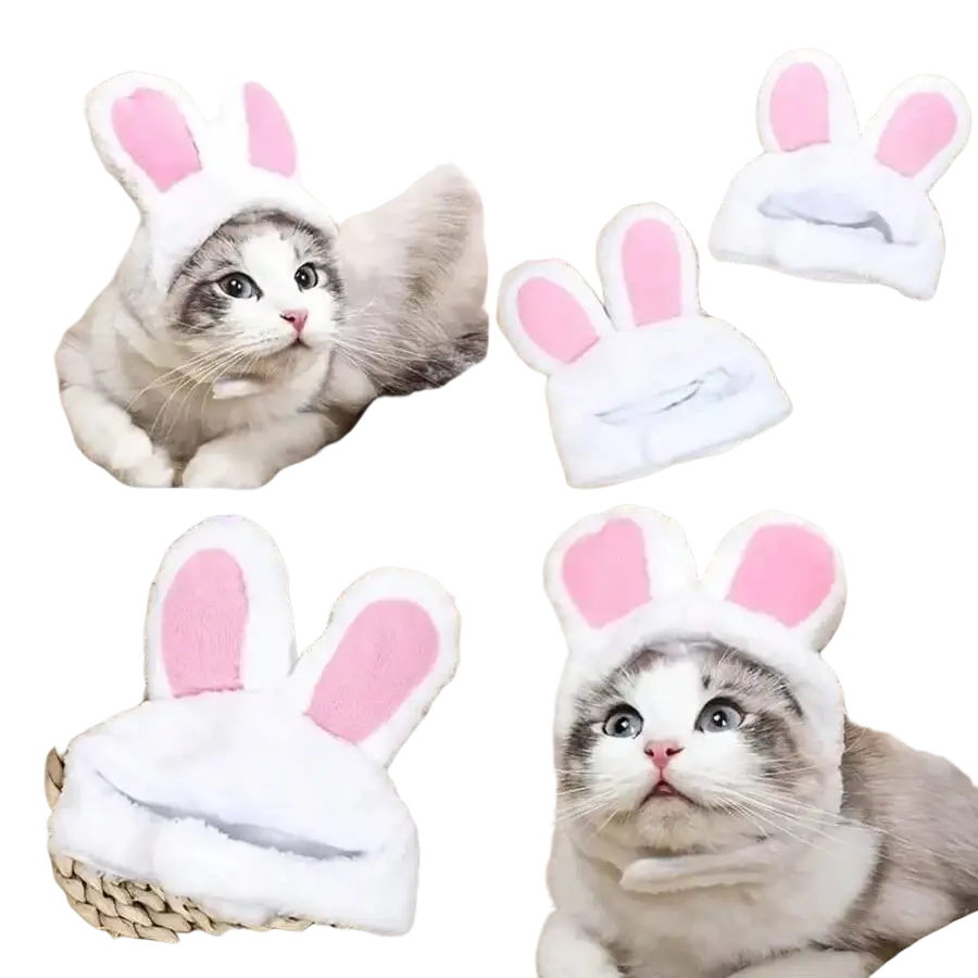Plush animal pet hat featuring a white bunny ear design with pink inner ears and soft plush texture, adjustable costume headwear