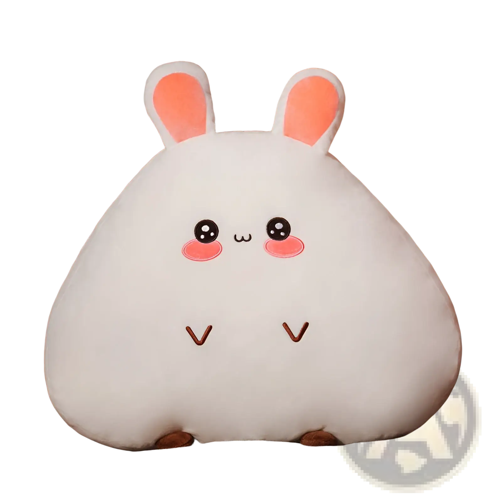A soft white plush rabbit pillow with pink ears and embroidered facial features from plush animal pillow cushion series