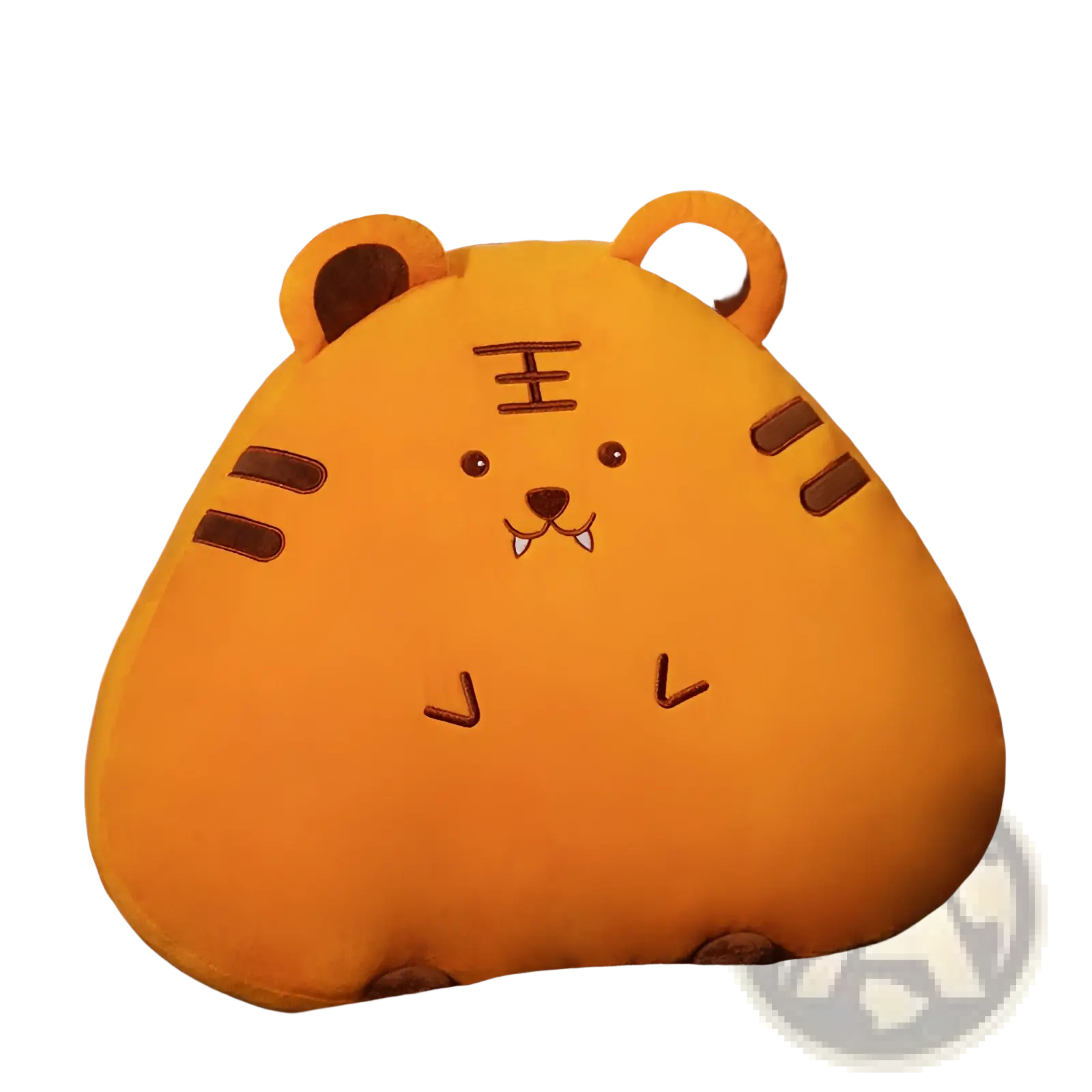 Orange plush tiger-shaped pillow cushion with embroidered brown stripes eyes nose and whiskers soft and cozy 45cm 65cm
