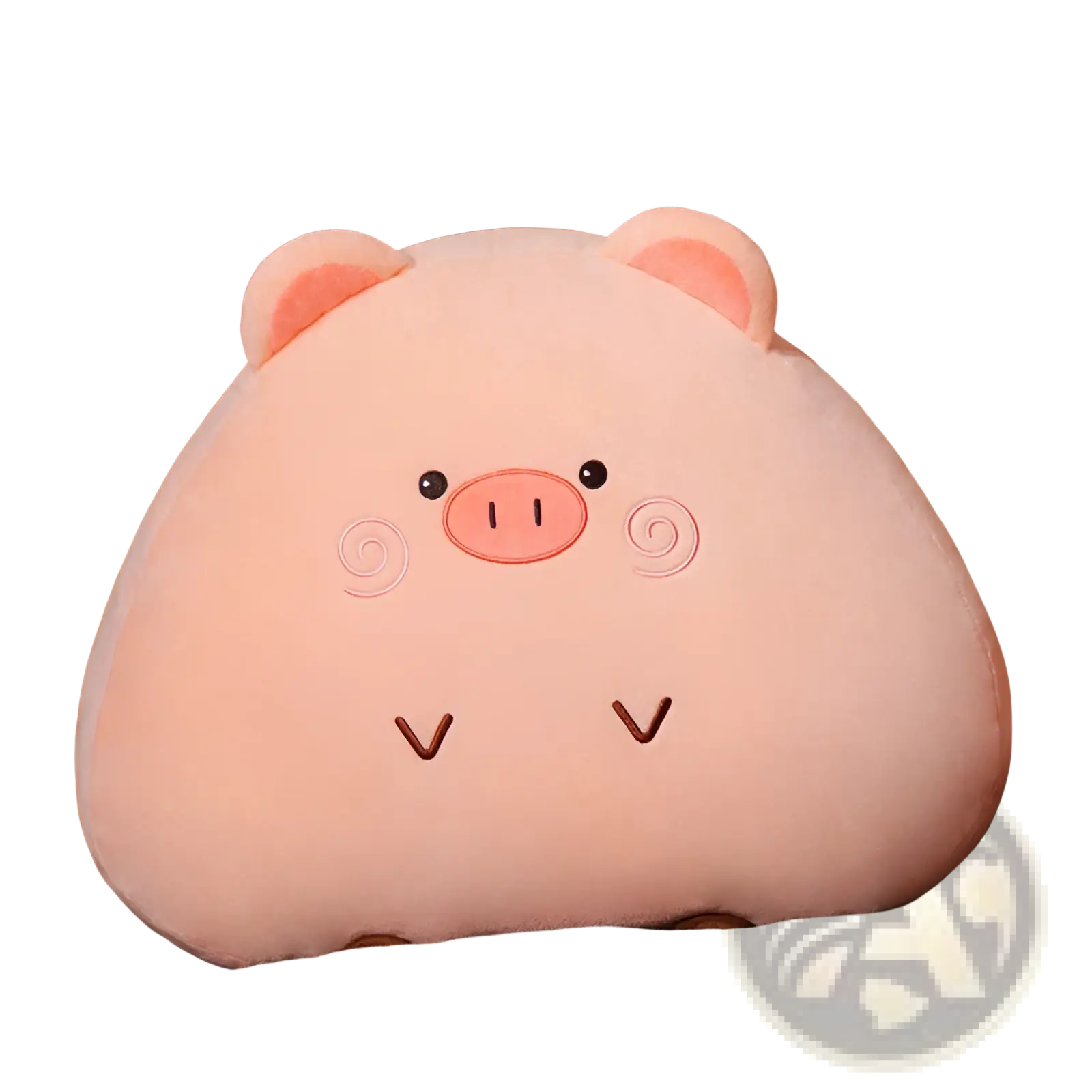 Pink plush pig-shaped pillow cushion with embroidered facial features and soft rounded ears in 45cm and 65cm sizes