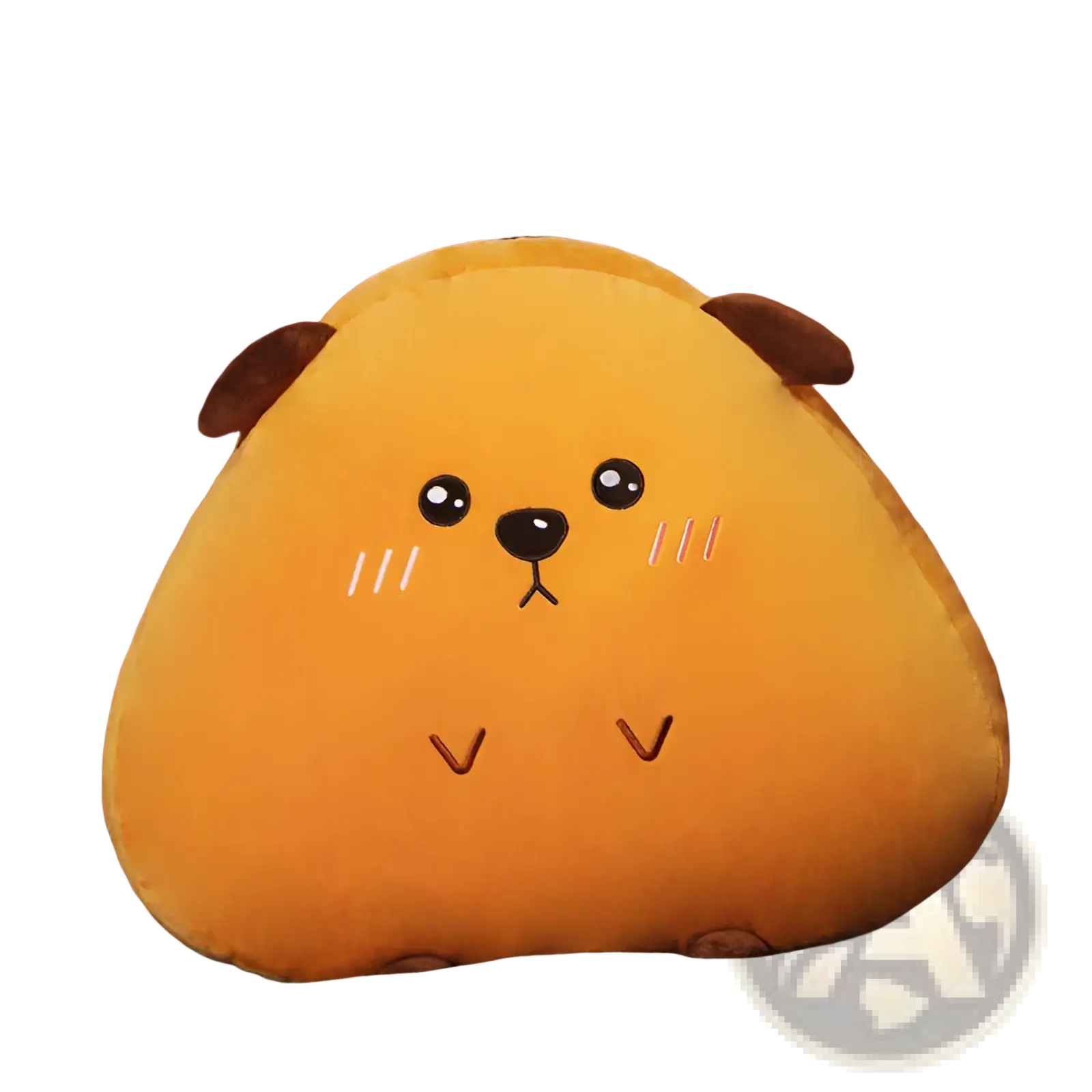 A plush triangular-shaped orange dog pillow cushion with brown ears and embroidered facial features for comfort