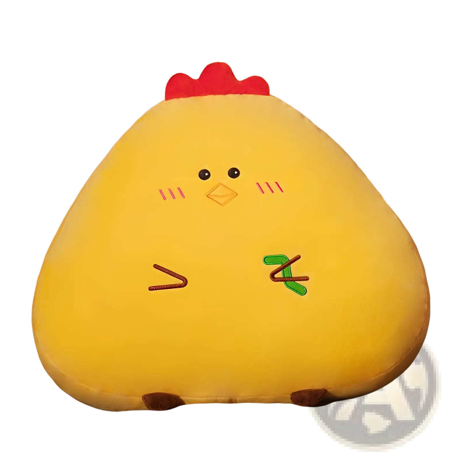 Yellow plush chicken-shaped pillow cushion with red comb embroidered face and green feet for cozy home decor