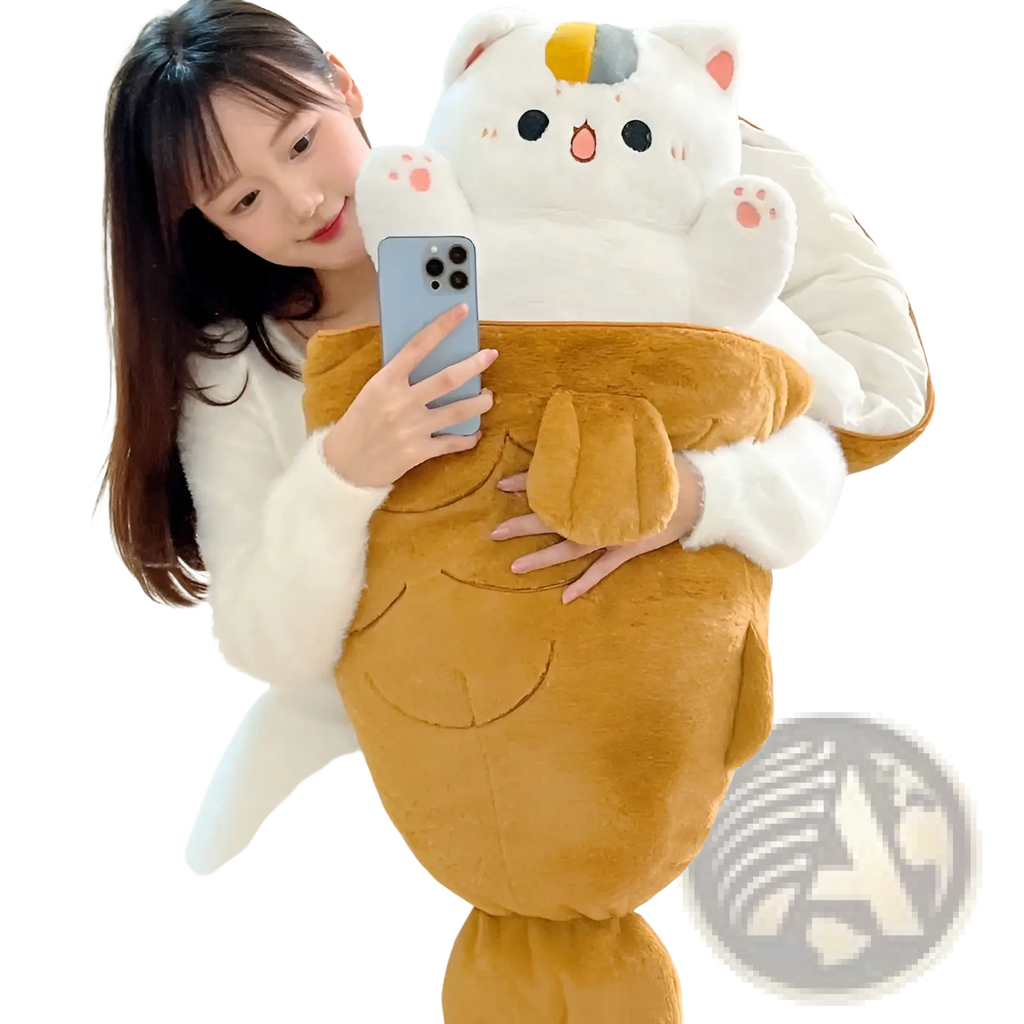Plush animal pillow radish rabbit and cat toy featuring an oversized white fluffy cat shape with tan fur accents