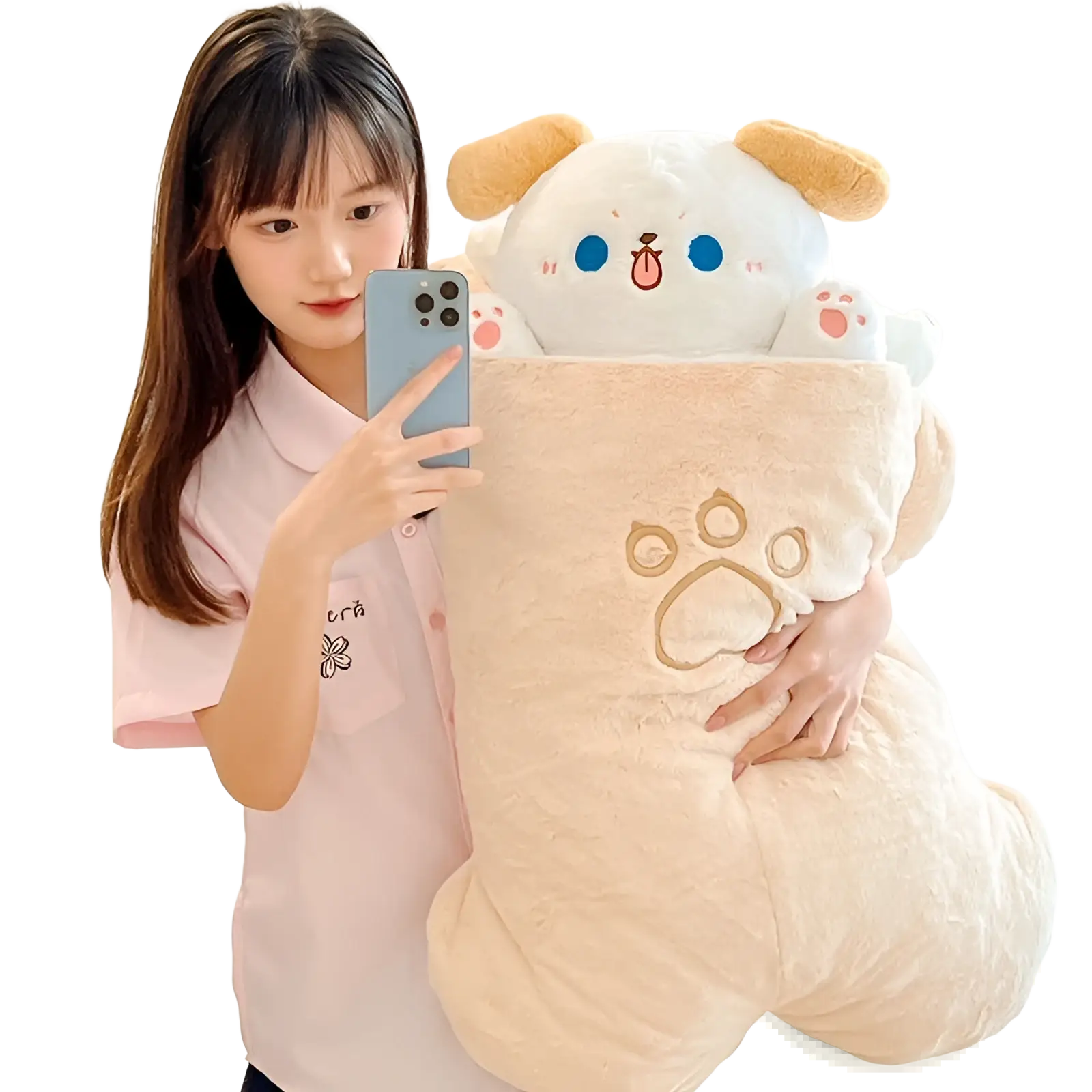 A plush white and beige puppy-shaped blanket with embroidered paw prints from plush animal pillow radish rabbit and cat toy