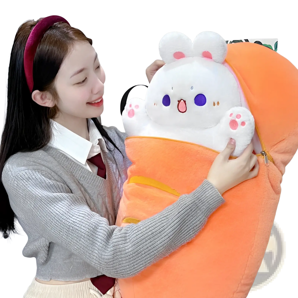 White plush rabbit with blue eyes and pink paw pads wrapped in orange fabric from plush animal pillow radish rabbit toy